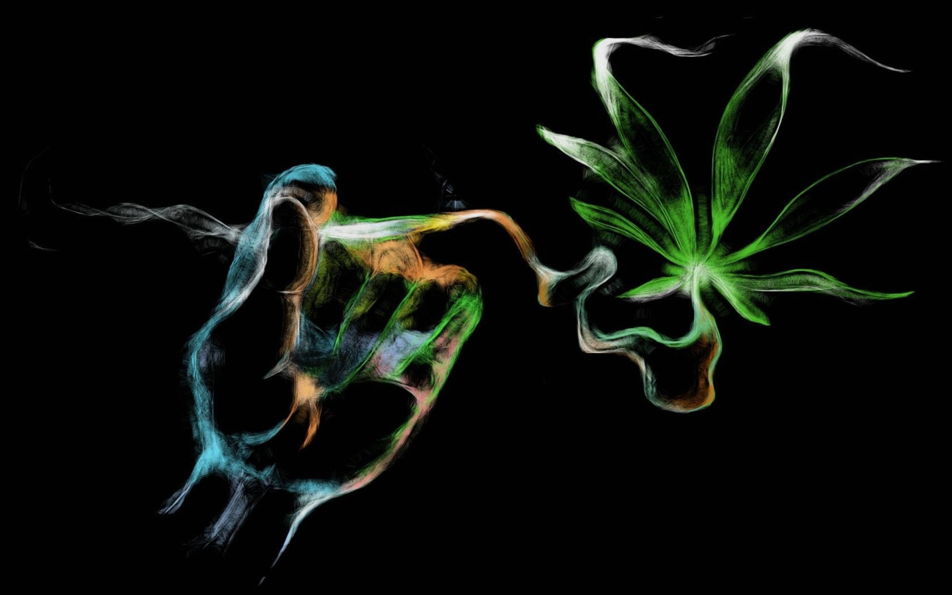 一隻發光的手釋放出彩色煙霧，轉變為綠色大麻葉。 — 大麻 壁紙
