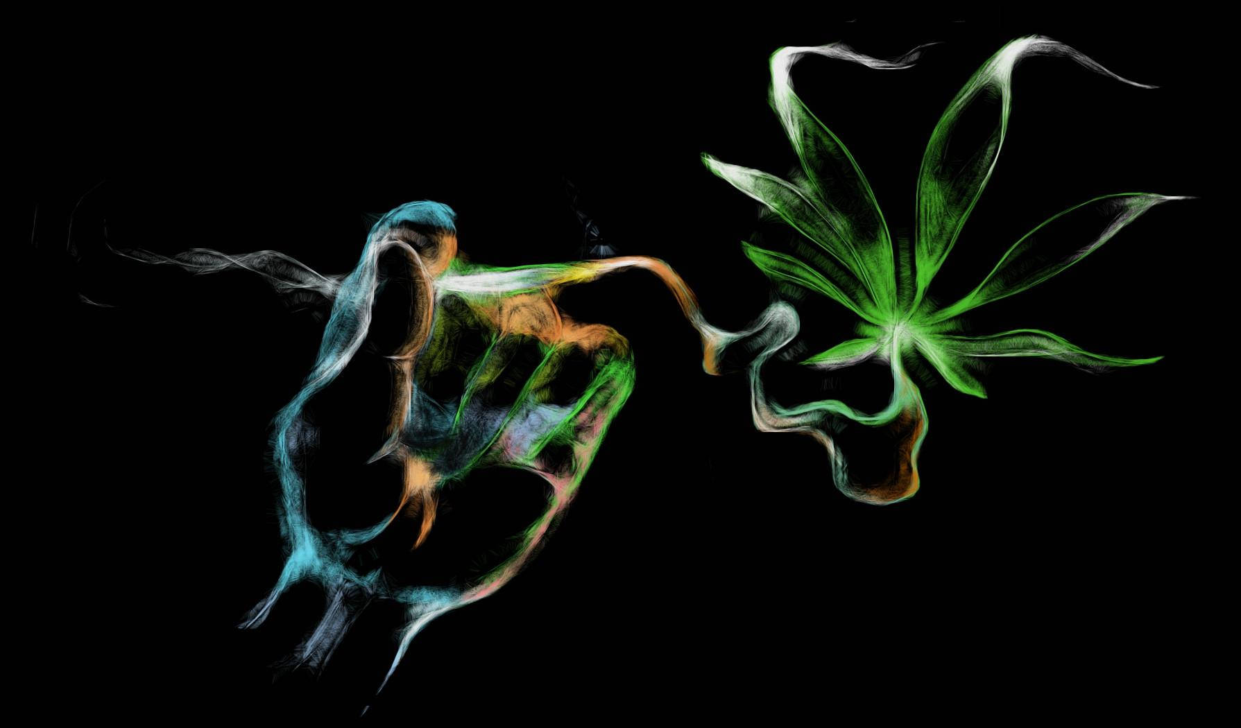 Blunt 桌布 壁紙 — 一隻發光的手釋放出鮮豔的煙霧，煙霧在黑色虛空中轉變為發光的綠色大麻葉。
