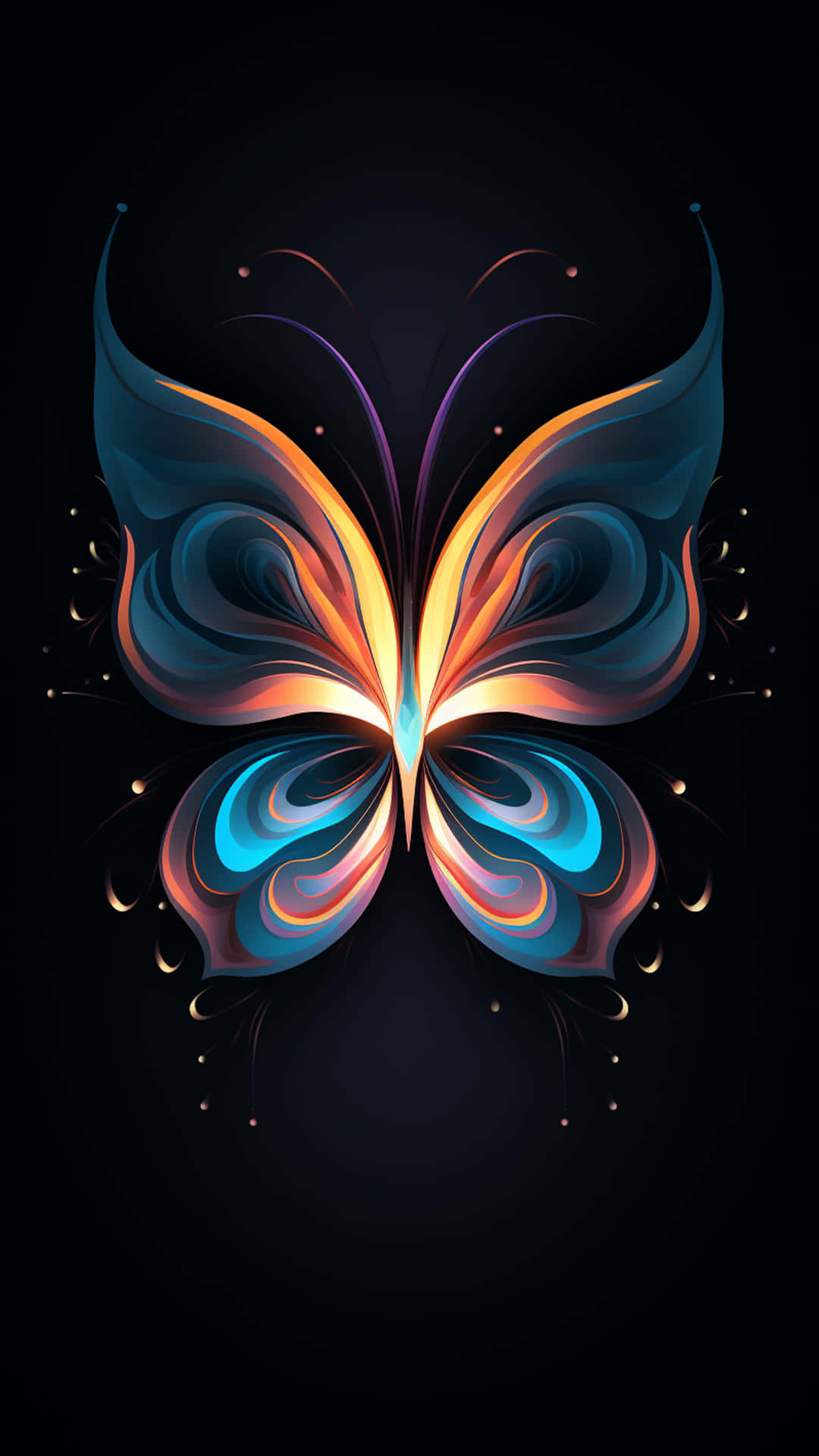 butterfly new shape design art 壁紙 — 一隻發光的抽象蝴蝶，帶有旋轉的藍色和橙色翅膀，在深黑色背景上發光。