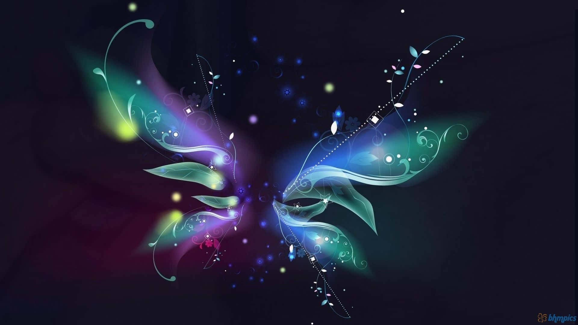 Beautiful Abstract 桌布 壁紙 — 一隻發光的抽象蝴蝶，帶有發光的翅膀和旋轉的光跡，在深色背景上。