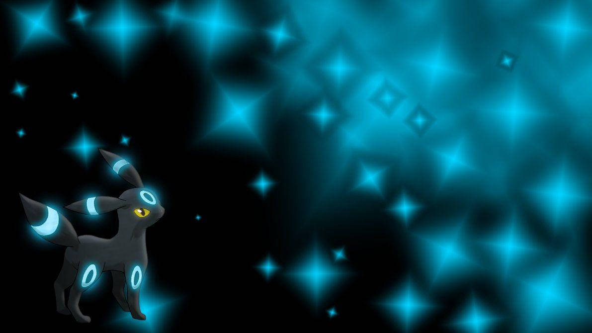 動漫 桌布 壁紙 — 一隻發光的月亮伊布站在佈滿星空的青綠色虛空中，周圍有輻射狀的鑽石形光芒環繞。