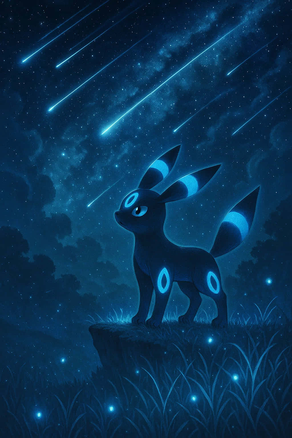 Umbreon Pokemon 4K HD Wallpaper WEBP MOBILE Backgrounds 壁紙 — 一隻發光的月亮伊布站在懸崖頂上，下方是流星劃過的星空夜空和生物發光的草地。