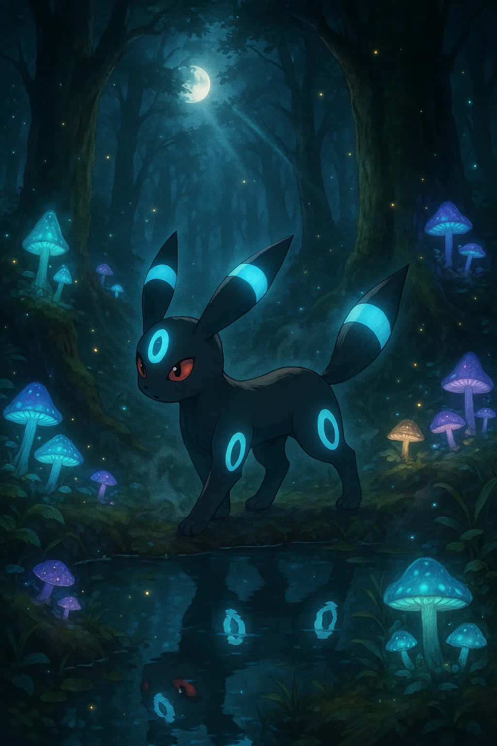 Umbreon Pokemon 4K HD Wallpaper WEBP MOBILE Backgrounds 壁紙 — 一隻發光的月伊布站在月光照耀的森林中，發光蘑菇在平靜的池塘中倒映。