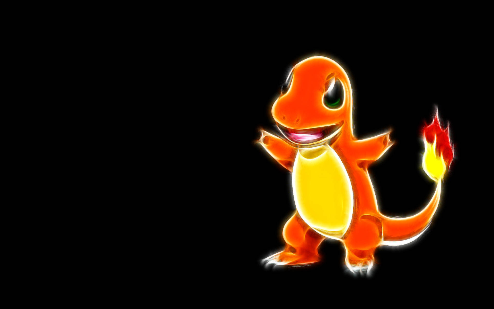可愛寶可夢 桌布 壁紙 — 一隻發光的橙色Charmander，尾巴燃燒著火焰，在黑色背景前開心地站立。