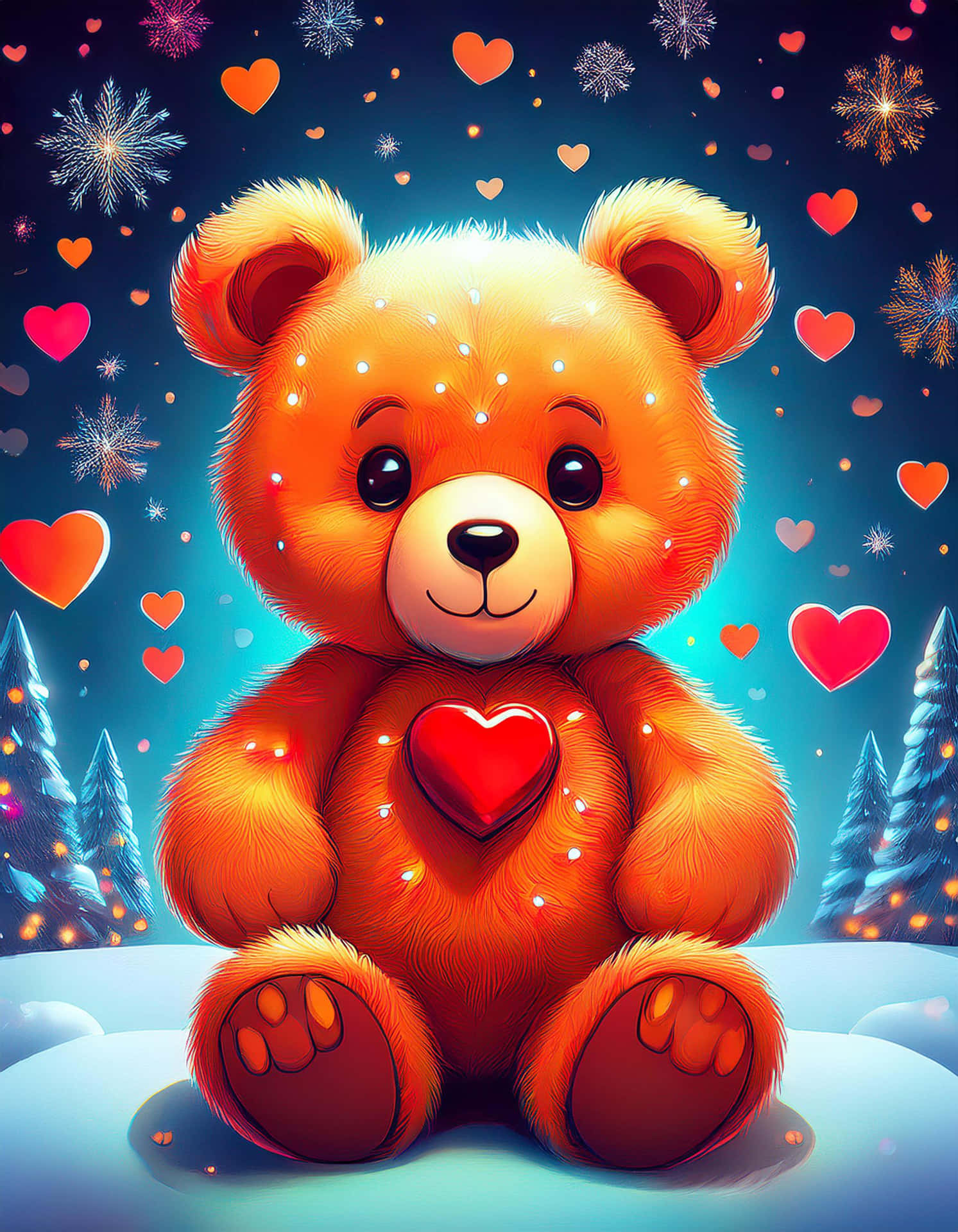 Winter Tale with Lovely Bear and Hearts 壁紙 — 一隻發光的橙色泰迪熊，胸前有一個紅色心形，坐在雪地裡，星空下充滿了心形和雪花。
