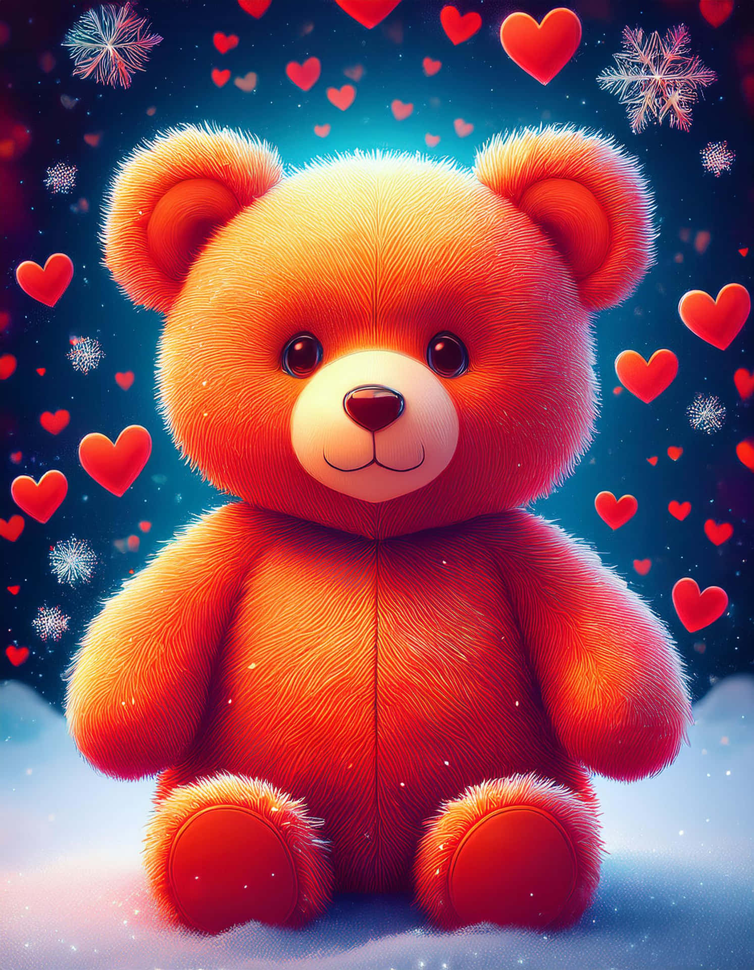 Winter Tale with Lovely Bear and Hearts 壁紙 — 一隻發光的橙色泰迪熊坐在雪地上，星空下漂浮著紅色愛心和雪花。
