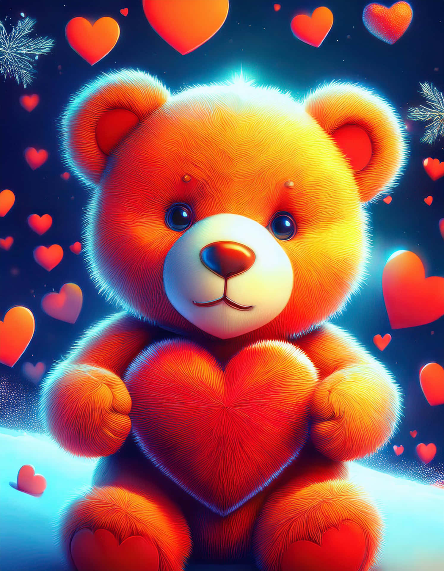 Winter Tale with Lovely Bear and Hearts 壁紙 — 一隻發光的橙色泰迪熊坐著，手持一顆閃耀的紅色心形，周圍漂浮著心形，背景是深藍色星空。