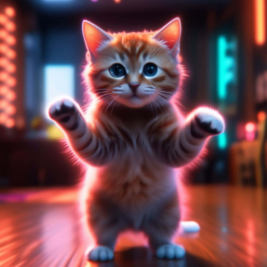 Dancing Cat 桌布 壁紙 — 一隻發光的橙色虎斑小貓在未來風格的霓虹燈房間中用後腿站立，前爪抬起。