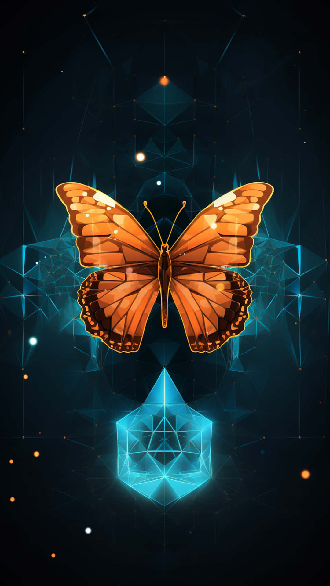 butterfly and colourful dynamic background 壁紙 — 一隻發光的橙色蝴蝶在黑暗的宇宙背景上，懸浮於一顆閃耀的藍色幾何水晶之上，背景帶有星狀光芒。