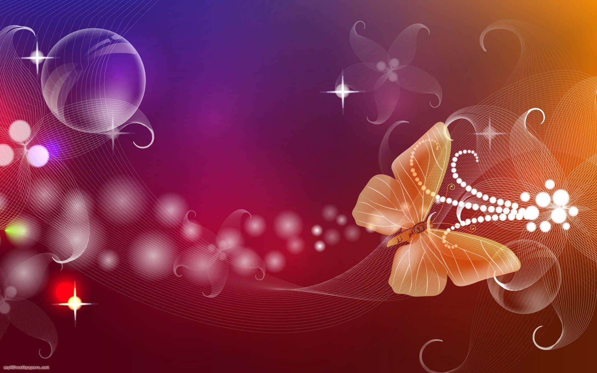 Butterfly Desktop 桌布 壁紙 — 一隻發光的橙色蝴蝶帶著珍珠軌跡，飛過充滿活力的紫色、紅色和橙色漸變，伴隨閃爍星星和漩渦線條。