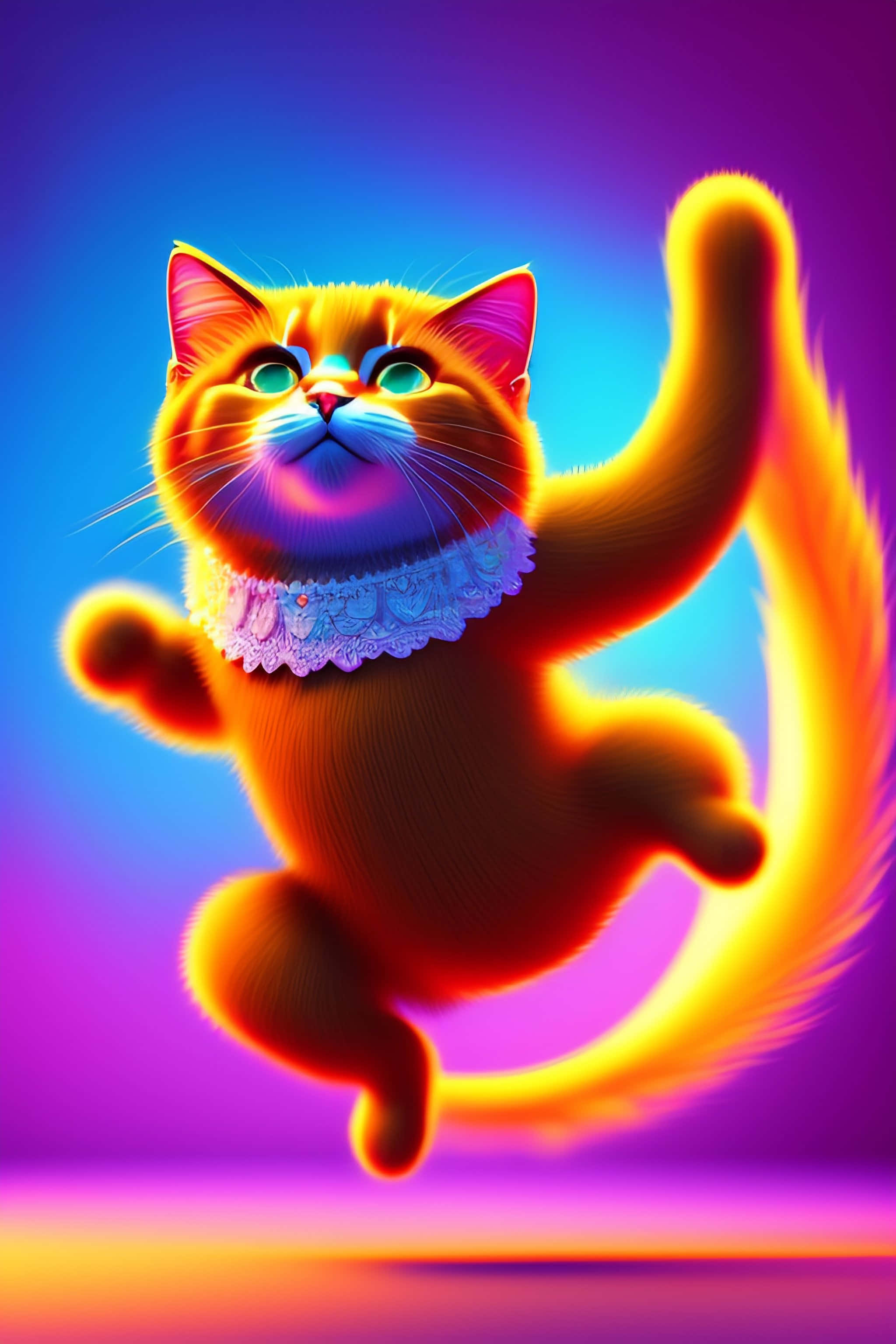 Dancing Cat 桌布 壁紙 — 一隻發光的橙色貓咪，擁有霓虹眼睛和蕾絲領，在充滿活力的紫色和藍色漸變背景上歡快地跳躍。