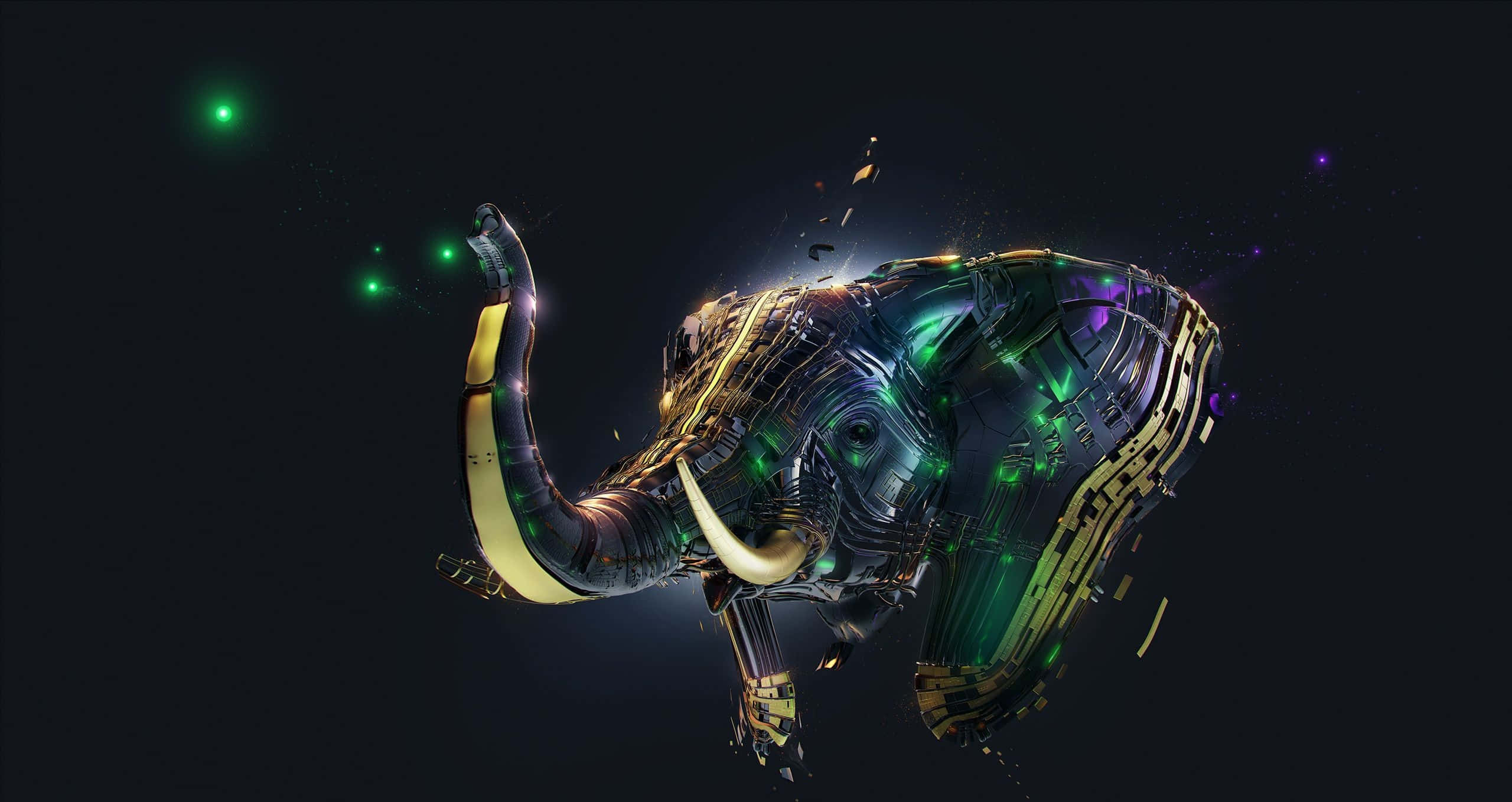 Illustration 桌布 壁紙 — 一隻發光的機械大象，帶有螢光綠色和金色的電路，漂浮在黑暗的宇宙背景上。
