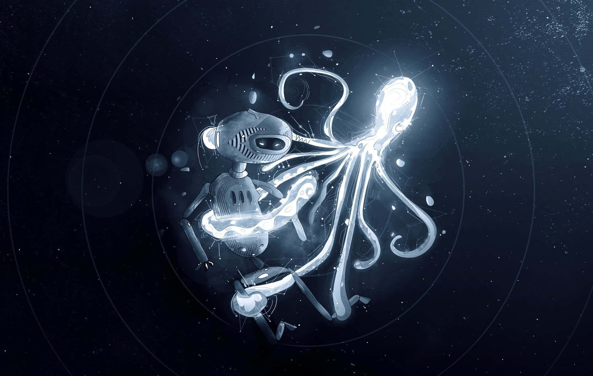 Trippy Space 桌布 壁紙 — 一隻發光的機械章魚漂浮在繁星點點的宇宙虛空中，周圍環繞著同心圓環和漂浮球體。