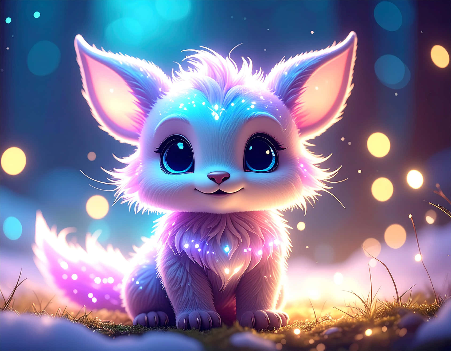 Cute Cartoon 壁紙 — 一隻發光的毛茸茸生物，有大藍色眼睛，在魔法散景燈光下坐在草地上。