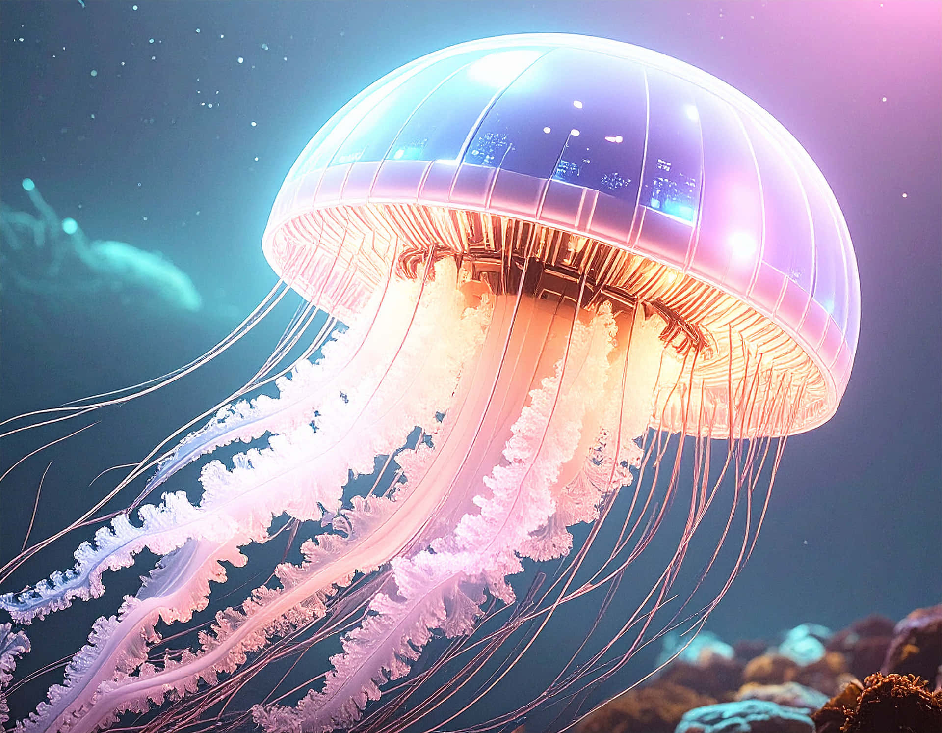 Cyber Jellyfish 壁紙 — 一隻發光的水母，帶有未來風格的玻璃圓頂，內含城市燈光，在珊瑚礁上方的星空海洋中漂流。