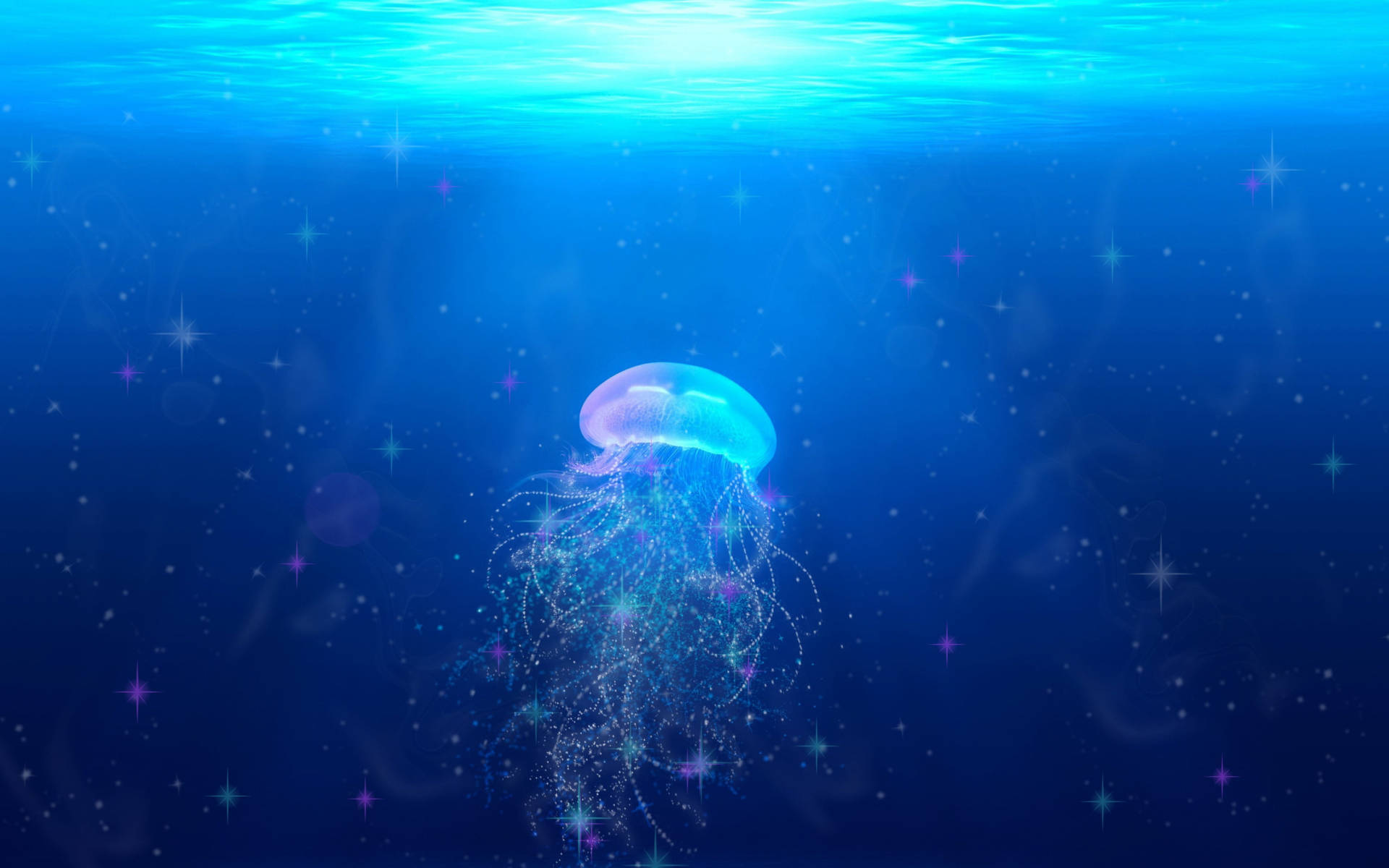 Swimming 桌布 壁紙 — 一隻發光的水母在深藍色的海水中漂流，被閃爍的星狀光芒和從上方射下的陽光所照亮。
