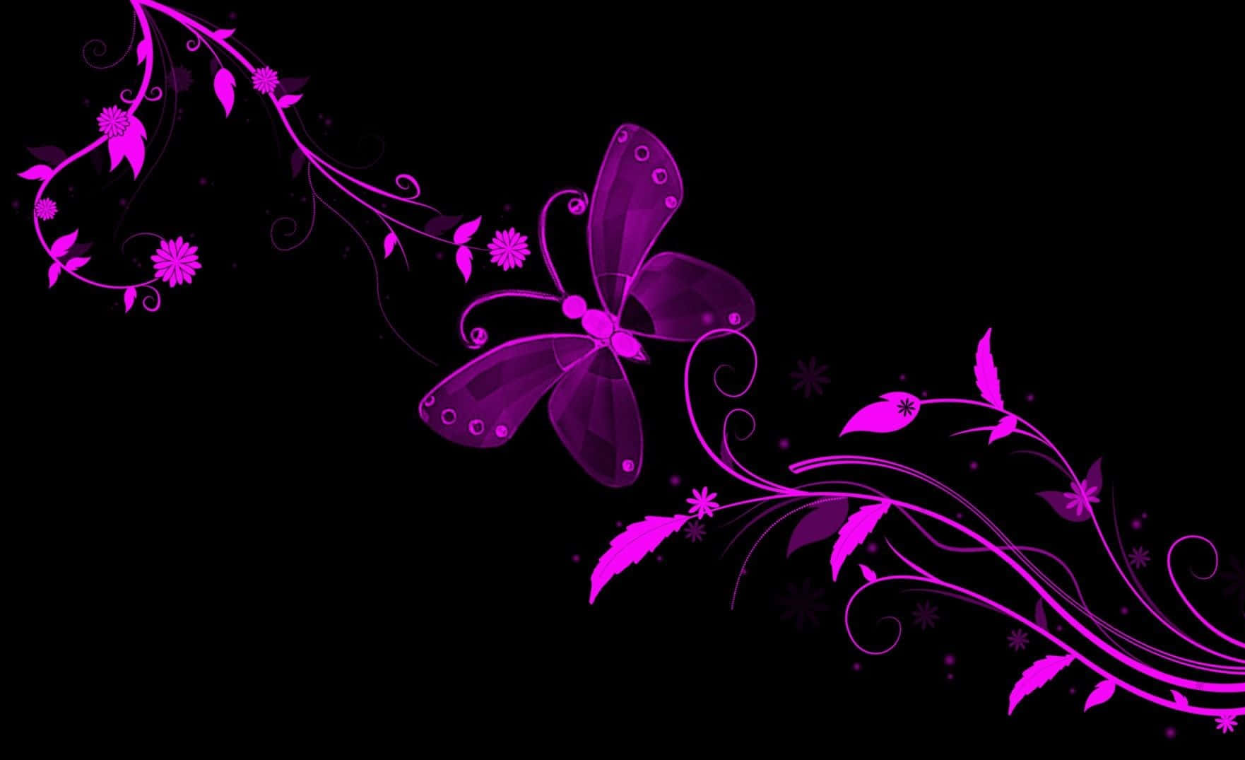 Dark Butterfly 桌布 壁紙 — 一隻發光的洋紅色蝴蝶和花卉藤蔓在黑色背景上以風格化的數位設計旋轉。