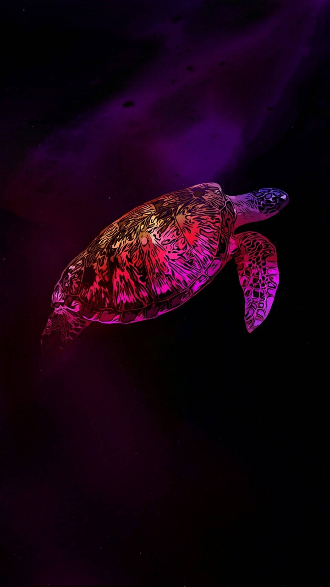 Sea Turtle iPhone 桌布 壁紙 — 一隻發光的海龜在深紫色的海底水流中游動，龜殼上有複雜的螢光粉紅和紅色圖案。