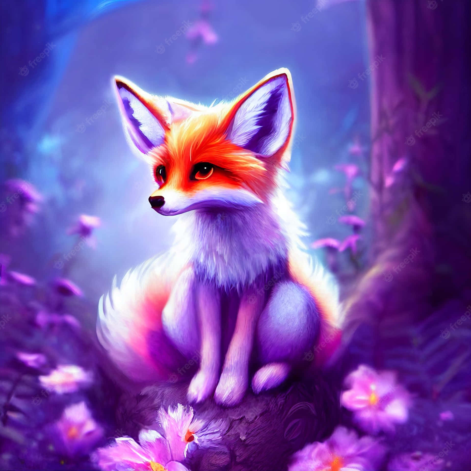 一隻發光的狐狸坐在神秘森林中的紫色花朵之間。 — 可愛狐狸 壁紙