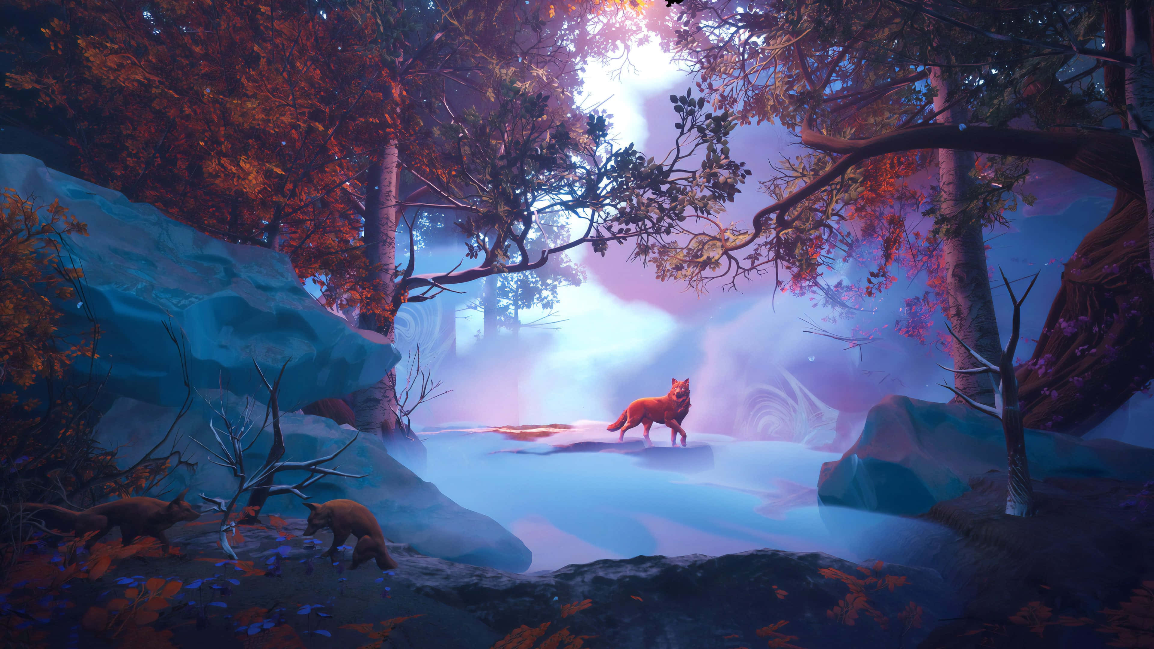 Wolf In Forest 桌布 壁紙 — 一隻發光的狐狸站在神秘森林的空地上，沐浴在空靈的紫色和藍色光芒中，秋天的樹木和薄霧在發光的岩石周圍旋轉。