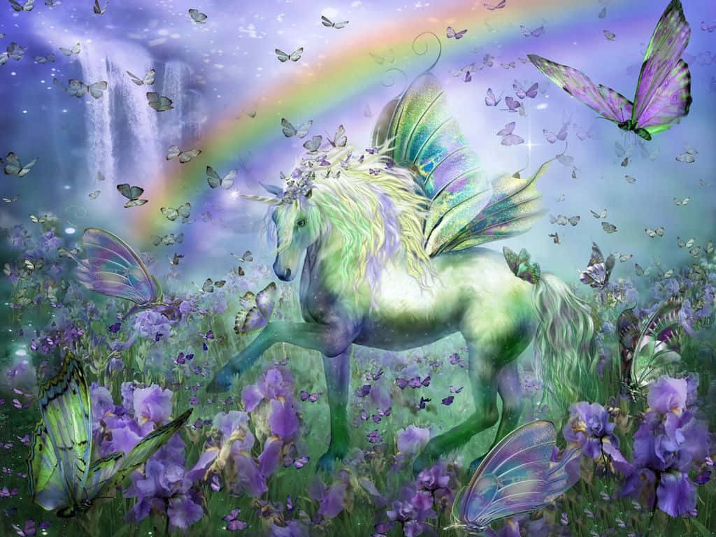 Real Unicorn 桌布 壁紙 — 一隻發光的獨角獸帶有彩虹色翅膀，在蝴蝶飛舞的彩虹下奔馳過一片紫色花田。