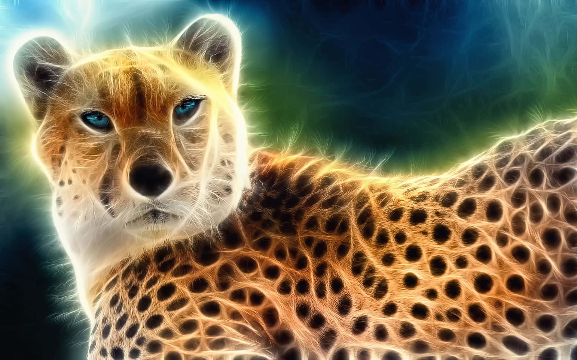 Cheetah 桌布 壁紙 — 一隻發光的獵豹，擁有電藍色的眼睛，在充滿活力的霓虹漸變背景前強烈凝視。
