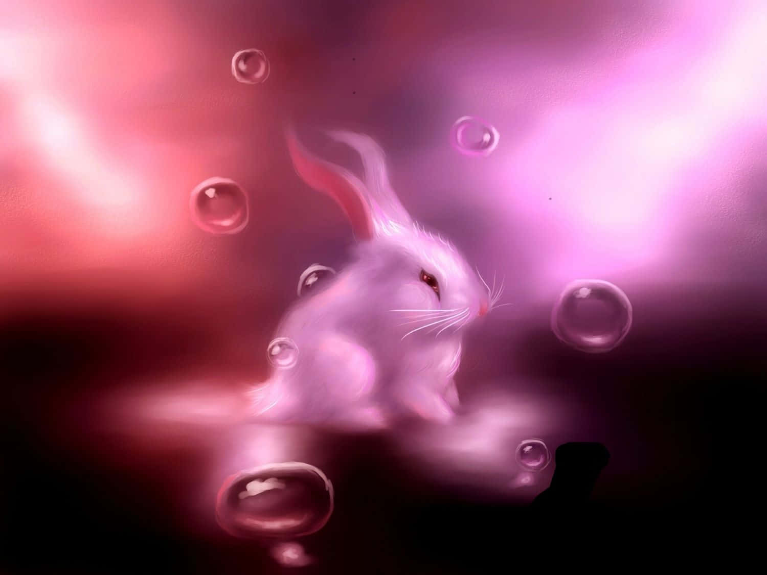 Miss Rabbit 桌布 壁紙 — 一隻發光的白兔在夢幻般的粉紅色和紫色水下場景中，在半透明的氣泡中寧靜地漂浮。