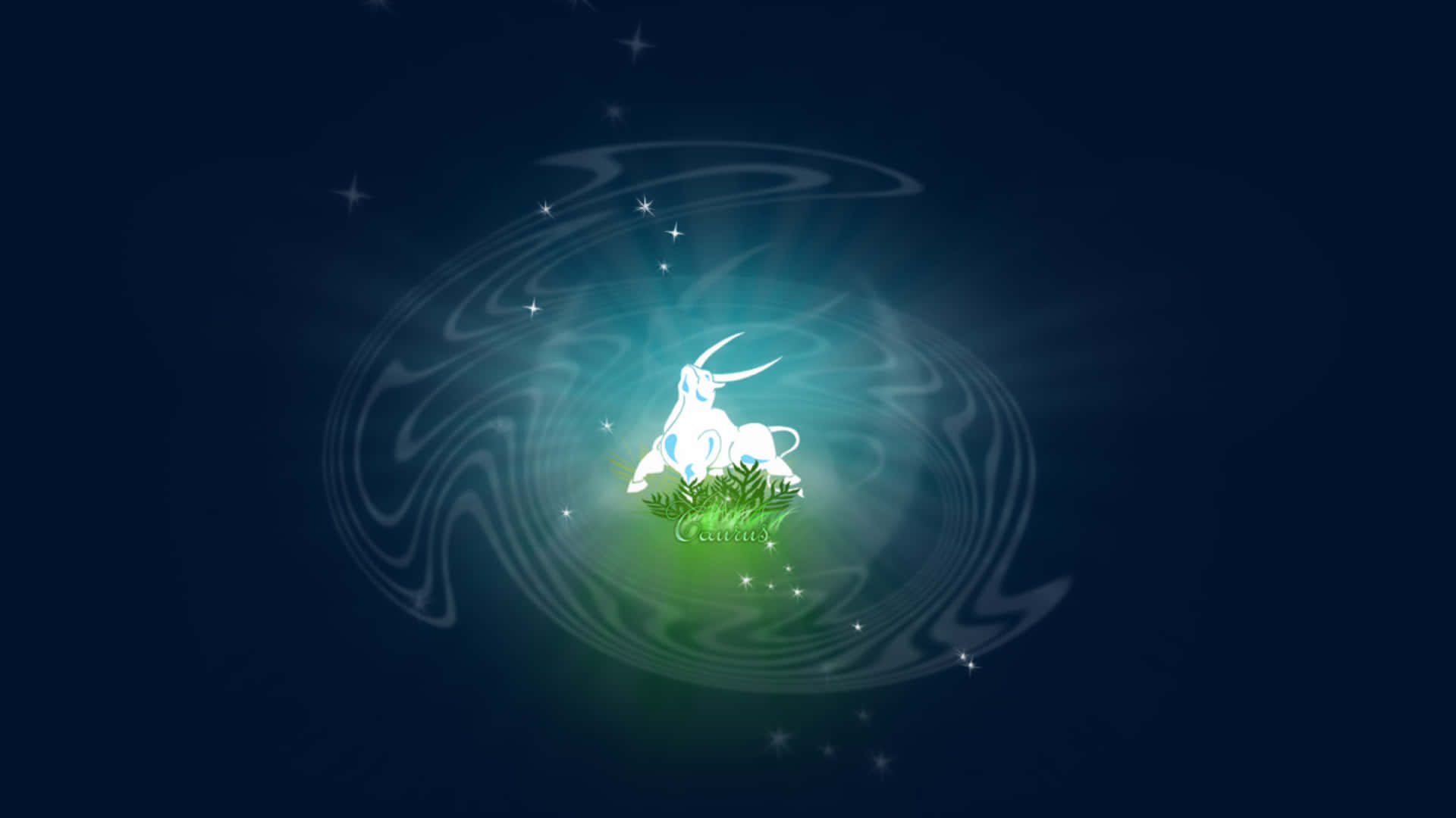taurus 桌布 壁紙 — 一隻發光的白色公羊，長著彎曲的角，站在綠色的草地上，被旋轉的宇宙能量和閃爍的星星包圍，背景是深藍色的夜空。
