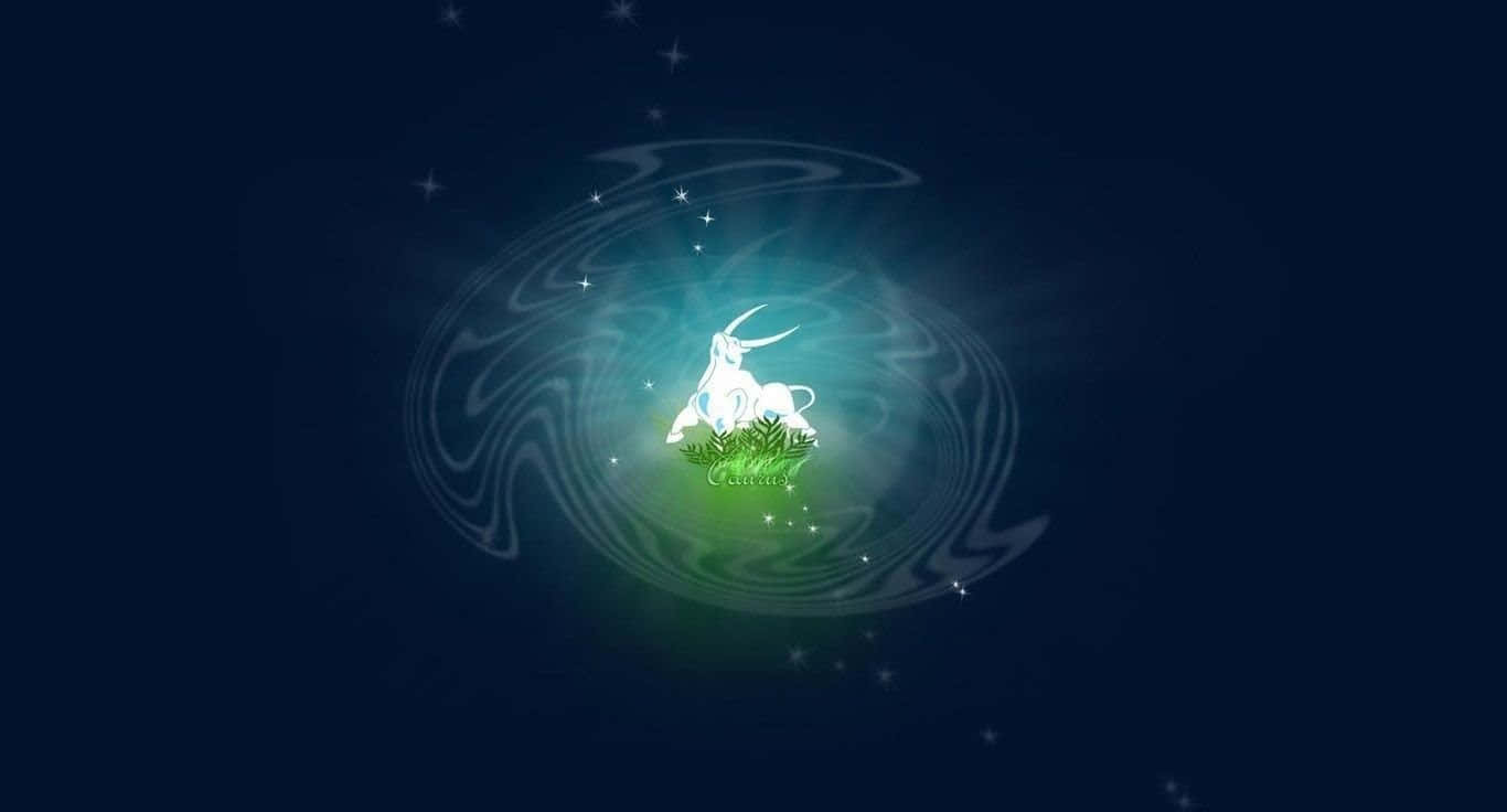 zodiac 桌布 壁紙 — 一隻發光的白色山羊，長著新月形的角，坐在星空下旋轉的宇宙漩渦中的綠色草地上。