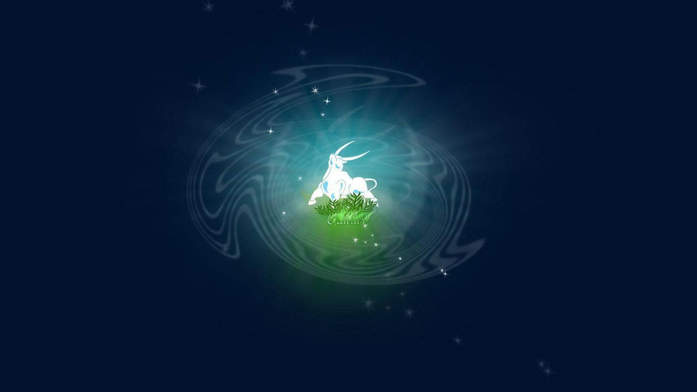 星座運勢 桌布 壁紙 — 一隻發光的白色山羊站在綠色草地上，背景是星空夜空的宇宙漩渦。