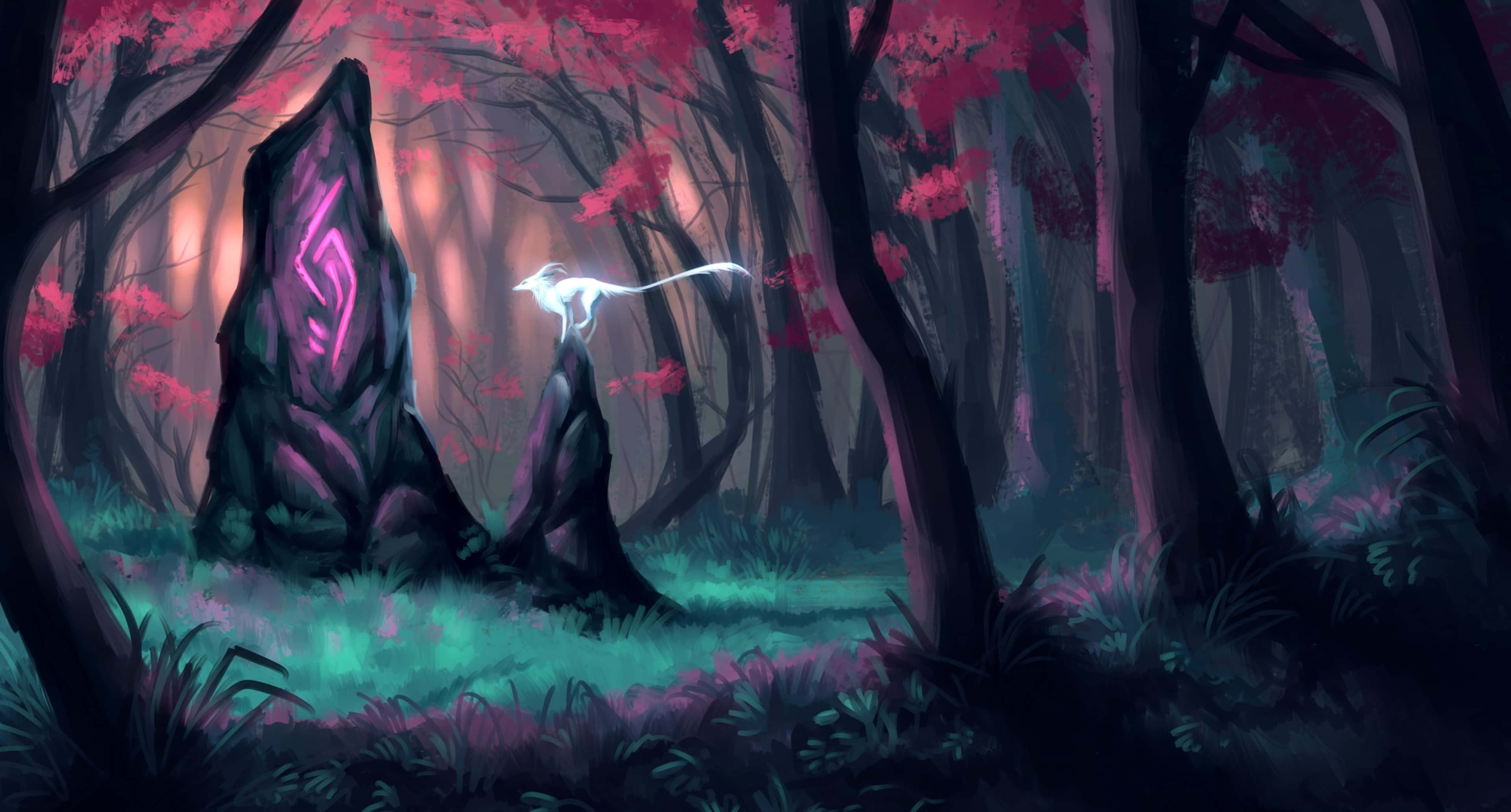 Magical Forest 桌布 壁紙 — 一隻發光的白色巨龍棲息在長滿青苔的石頭上，周圍是神秘森林，有粉紅色花朵和藍綠色灌木叢。