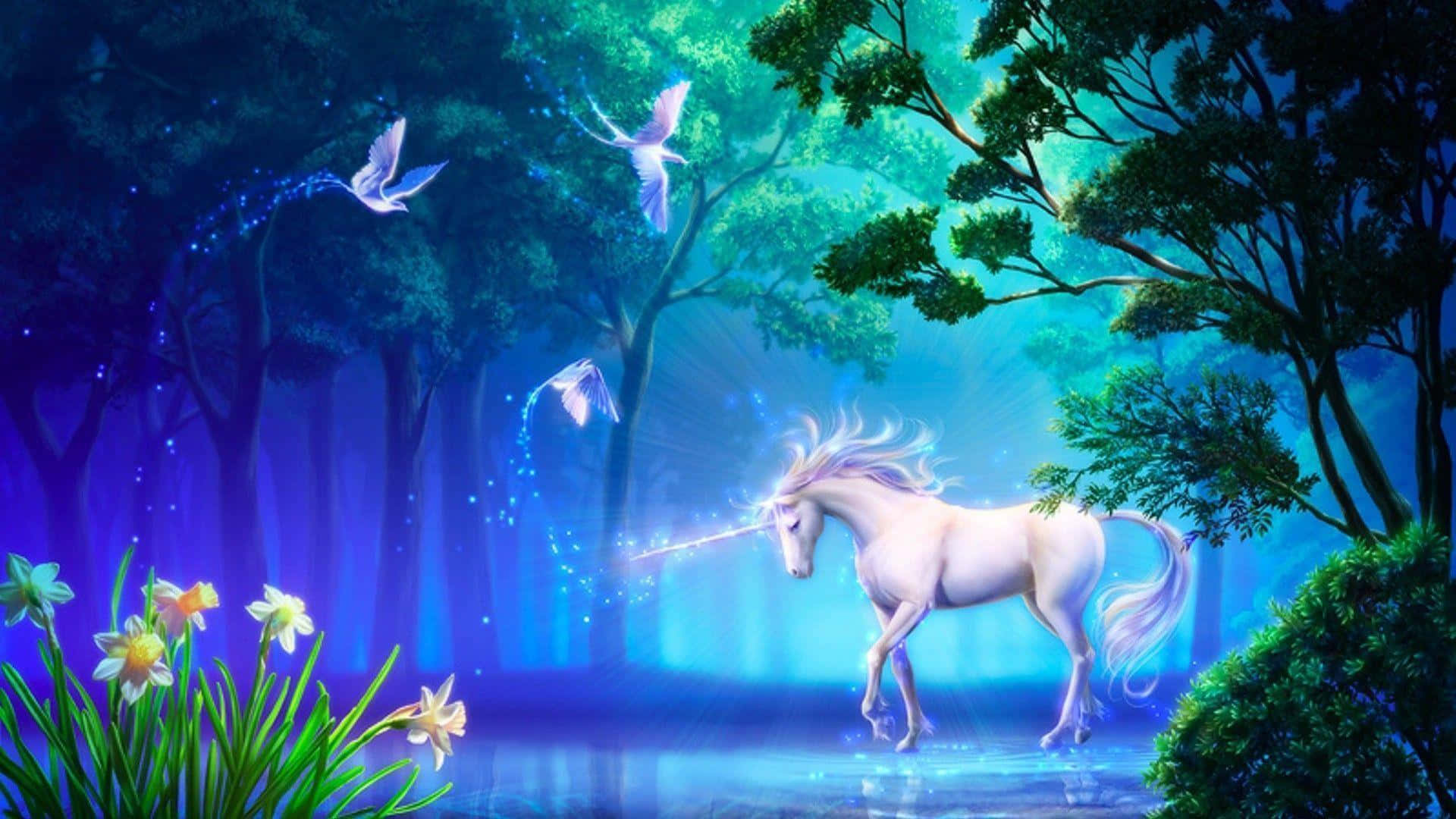 Unicorn Coloring 桌布 壁紙 — 一隻發光的白色獨角獸，帶有閃耀的角，走過沐浴在藍色和綠色光芒中的神秘森林，發光的鳥兒在周圍飛翔。