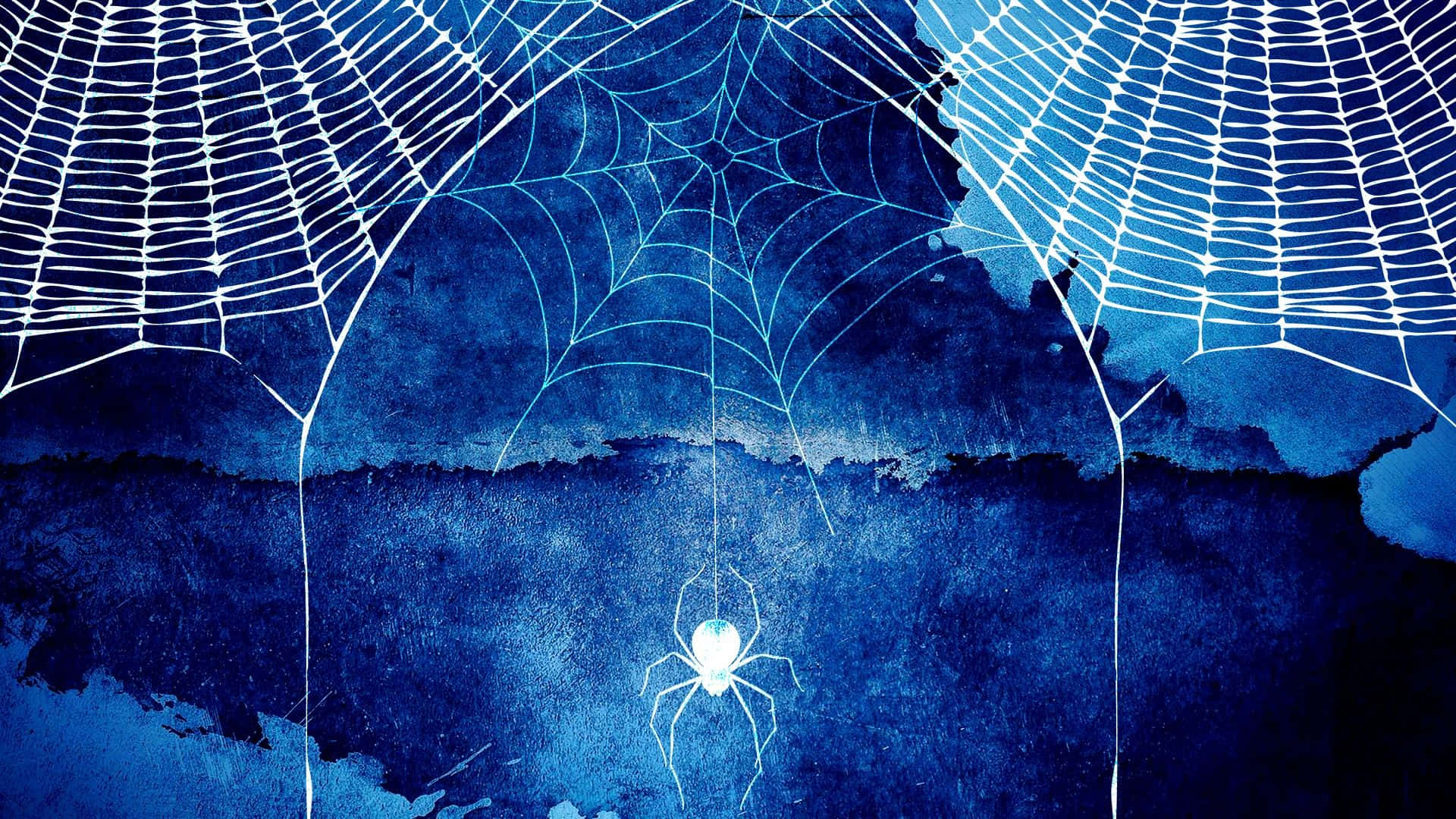 Spider Webs 桌布 壁紙 — 一隻發光的白色蜘蛛懸掛在發光的蜘蛛網上，背景是帶有紋理的深藍色水彩畫。