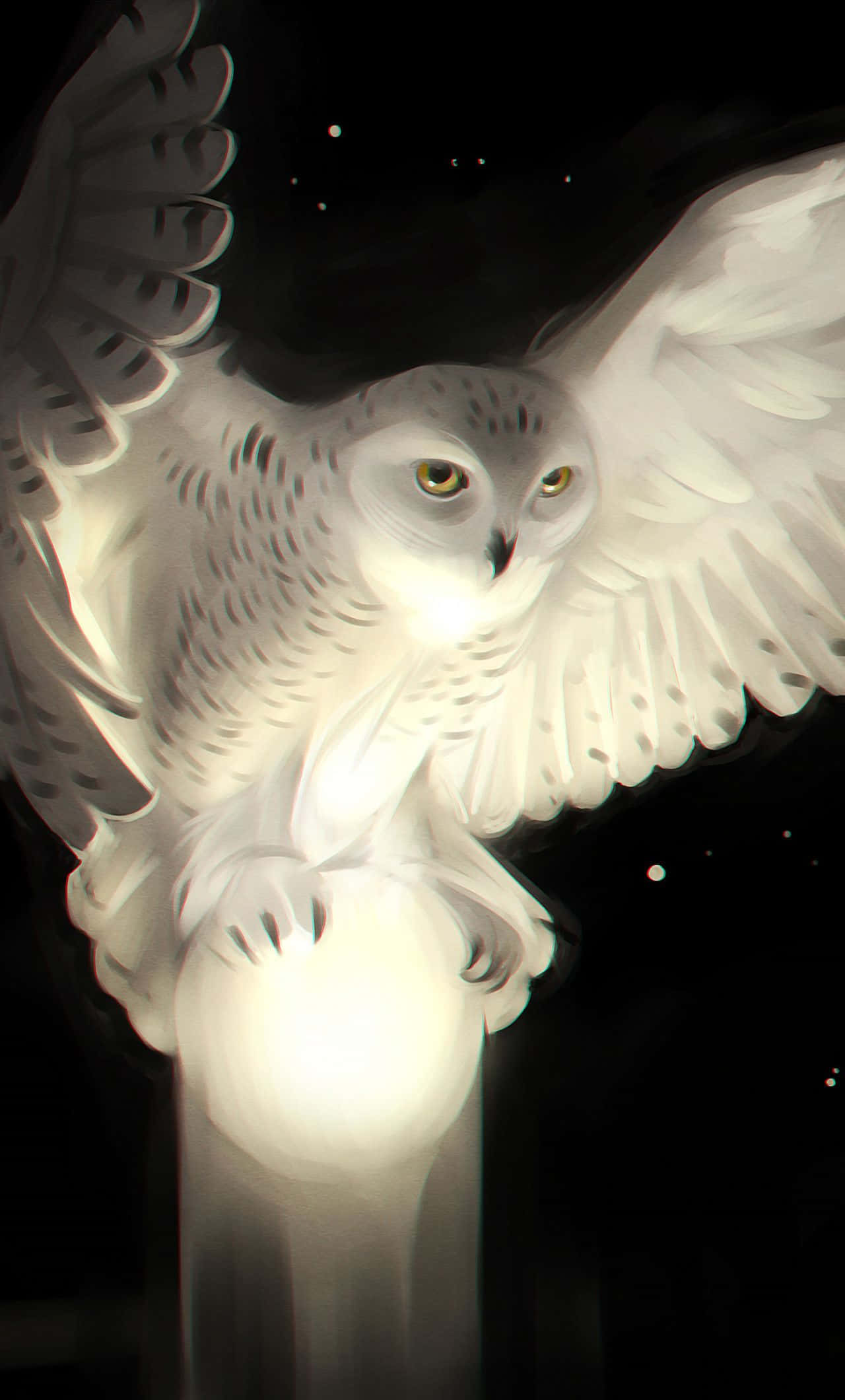 Snowy Owl 桌布 壁紙 — 一隻發光的白色貓頭鷹展開翅膀，棲息在一個發光的球體上，背景是繁星點點的夜空。