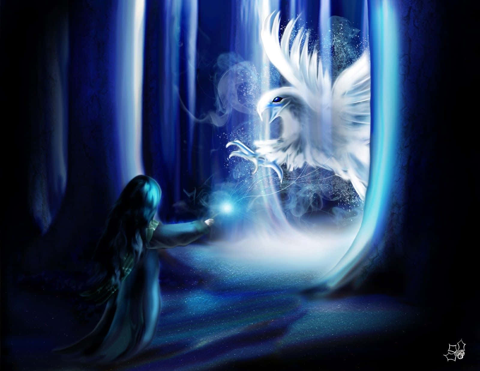 Patronus 桌布 壁紙 — 一隻發光的白色鳳凰從神秘的藍色傳送門中出現，而一個身穿長袍的人物在黑暗的魔法森林中向牠伸出手。