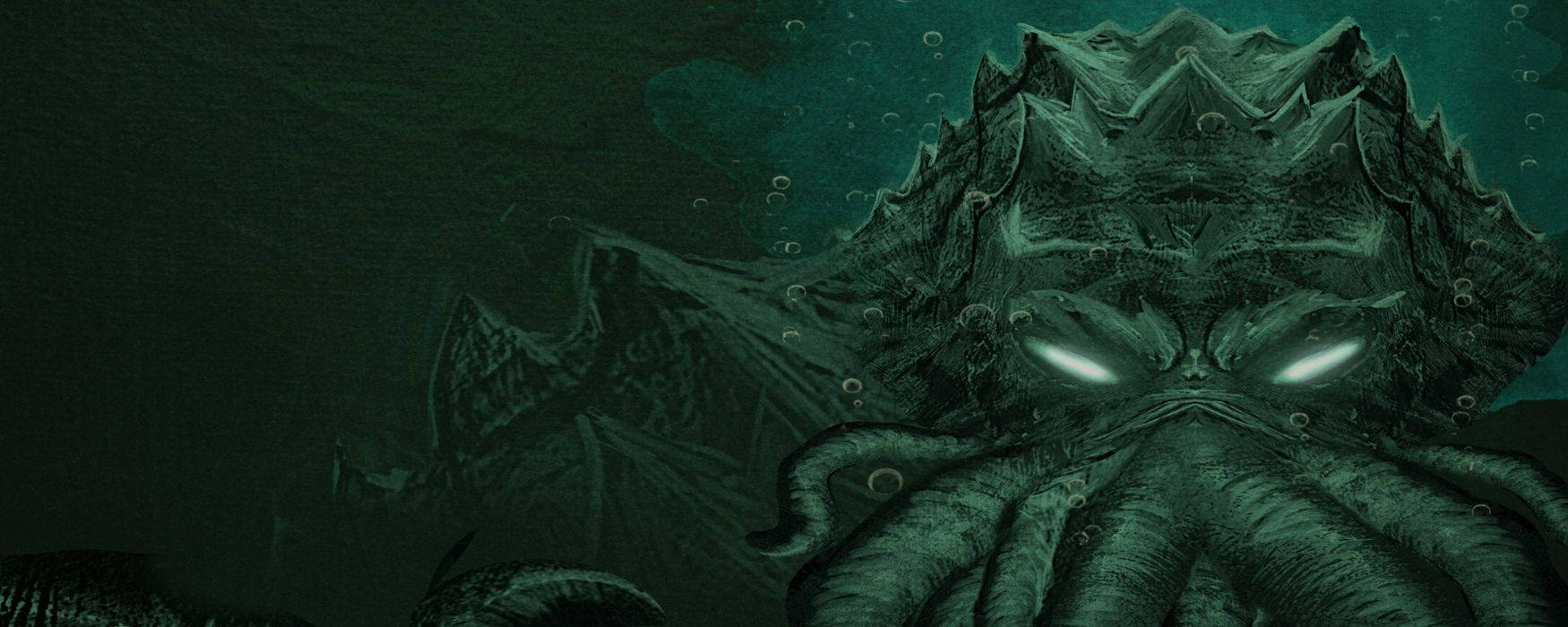 章魚 桌布 壁紙 — 一隻發光的眼睛和鋸齒狀觸手的深海怪物從渾濁的綠色水中浮現。