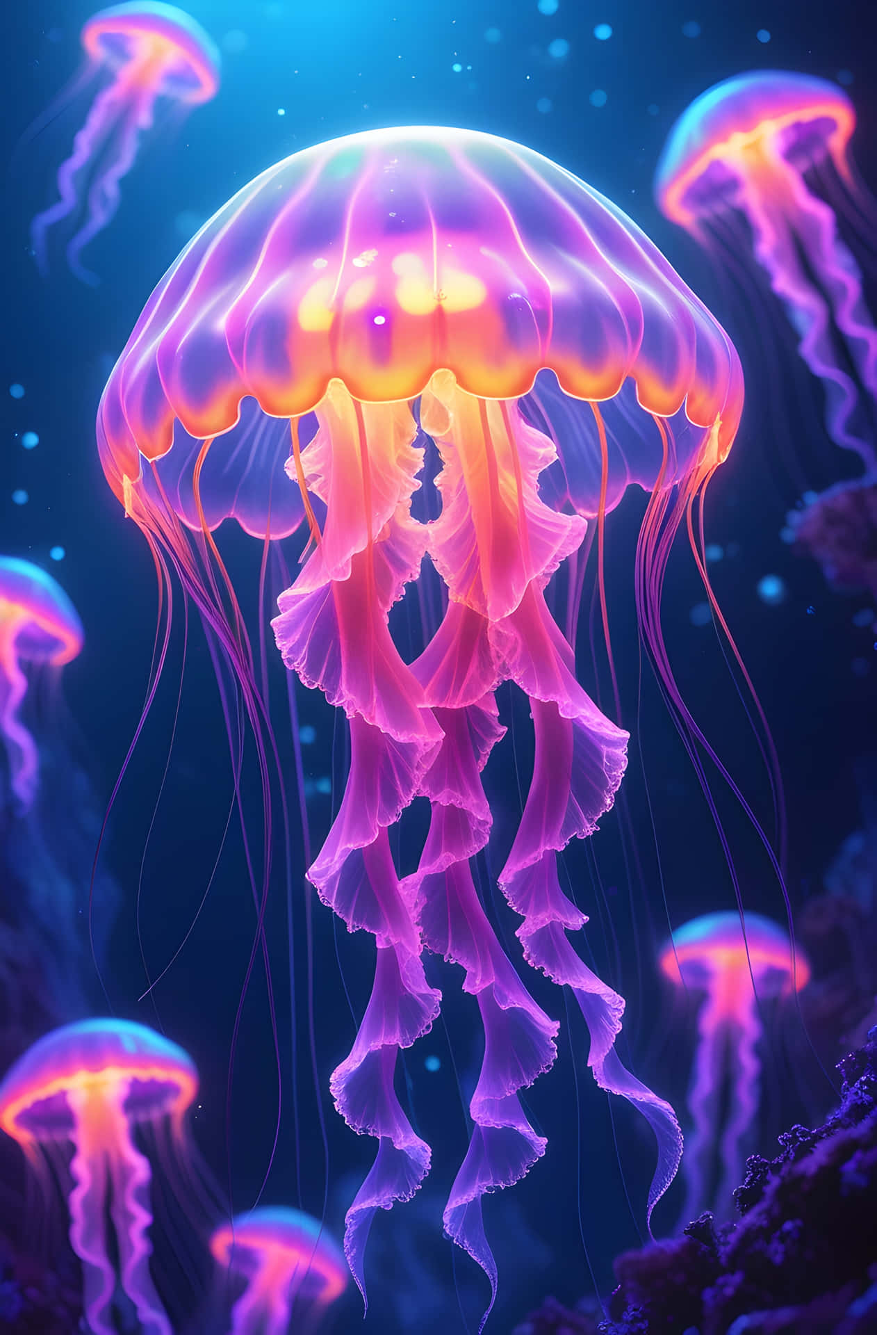 Neon Ocean Bloom 壁紙 — 一隻發光的粉紅色和橙色水母，帶有褶邊觸手，在深藍色海水中被較小的水母包圍，寧靜地漂浮。