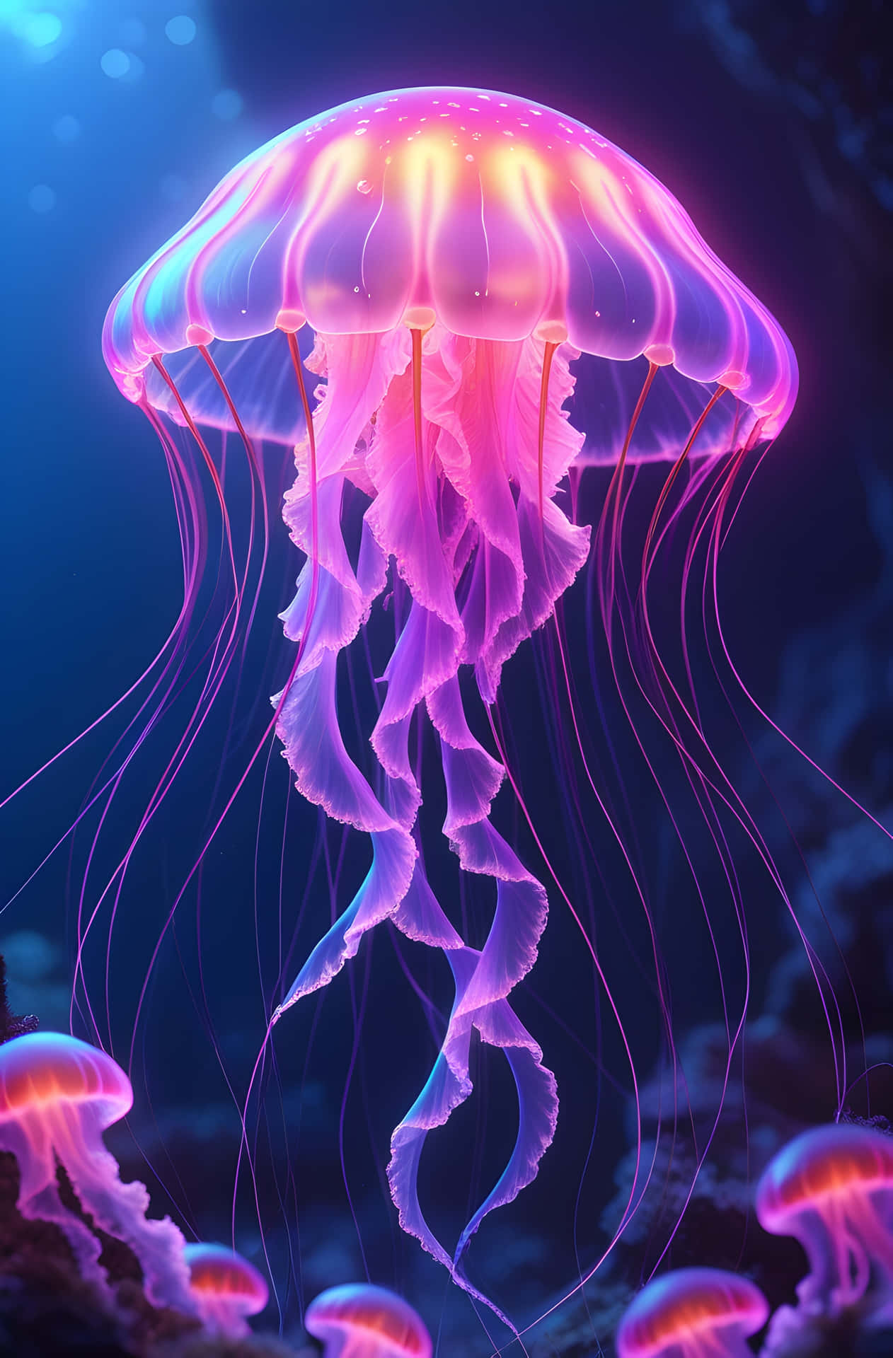 Radiant Deep Sea Jellyfish 壁紙 — 一隻發光的粉紅色和紫色水母，帶有半透明傘狀體和流動的觸手，在深藍色海水中漂流。