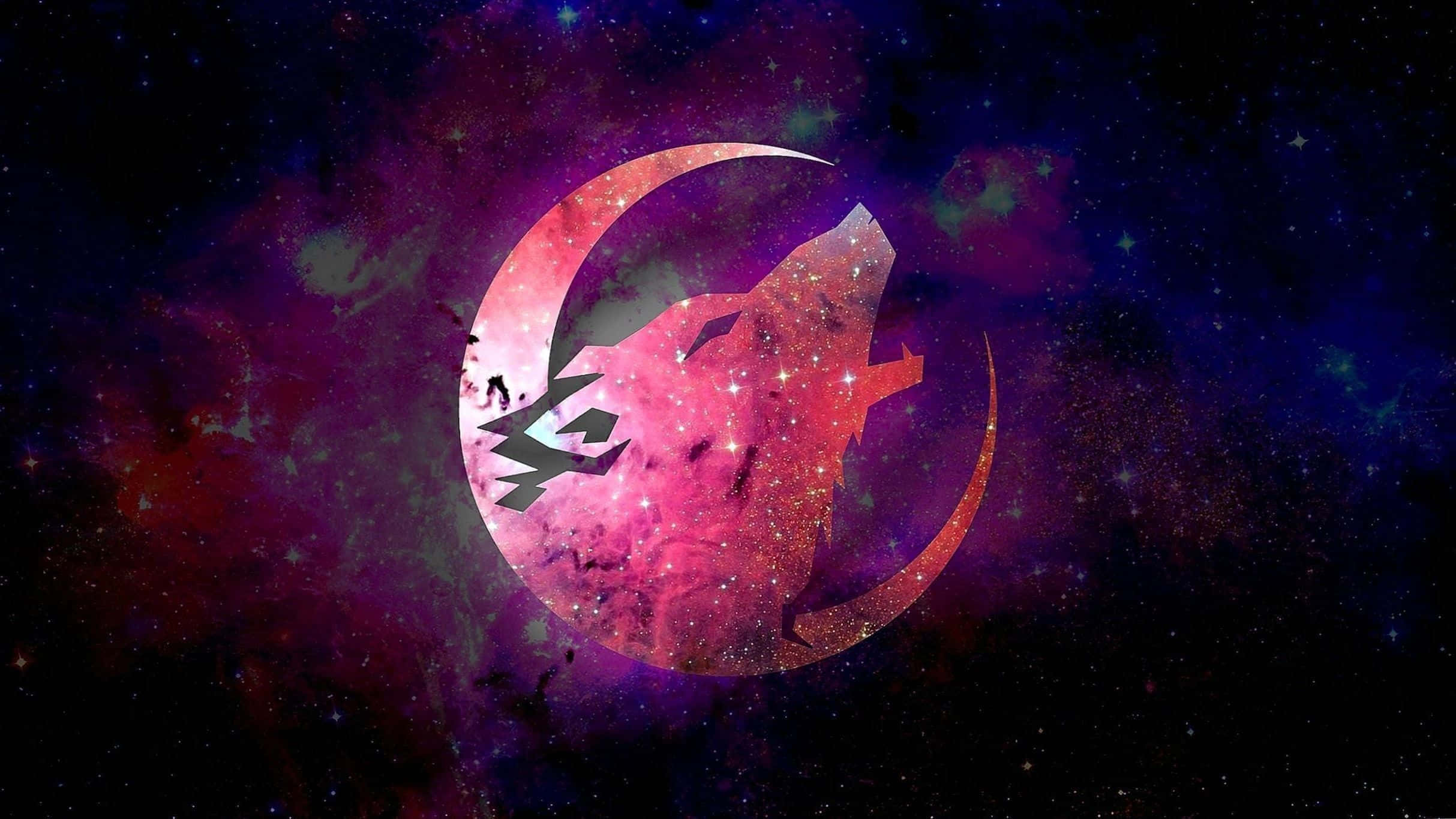 銀河狼 桌布 壁紙 — 一隻發光的粉紅色狼在充滿星星的充滿活力的宇宙星雲中的新月內嚎叫。