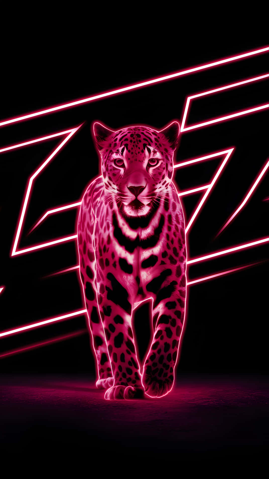 glowing neon leopard 壁紙 — 一隻發光的粉紅色美洲豹向前邁進，背景為黑色，並由銳利的霓虹粉紅色幾何線條框住。