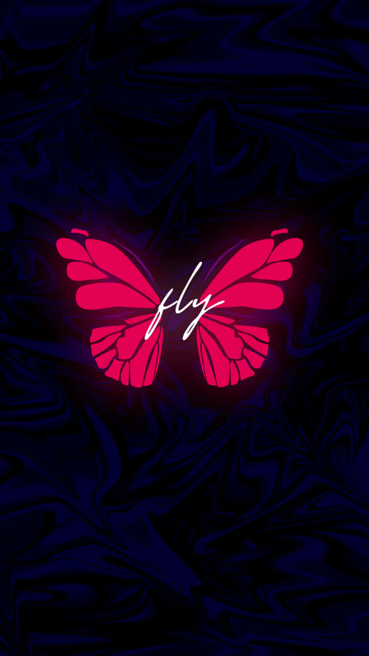 720x1280 桌布 壁紙 — 一隻發光的粉紅色蝴蝶，中央有白色草書字體「fly」，背景為深藍色大理石紋。