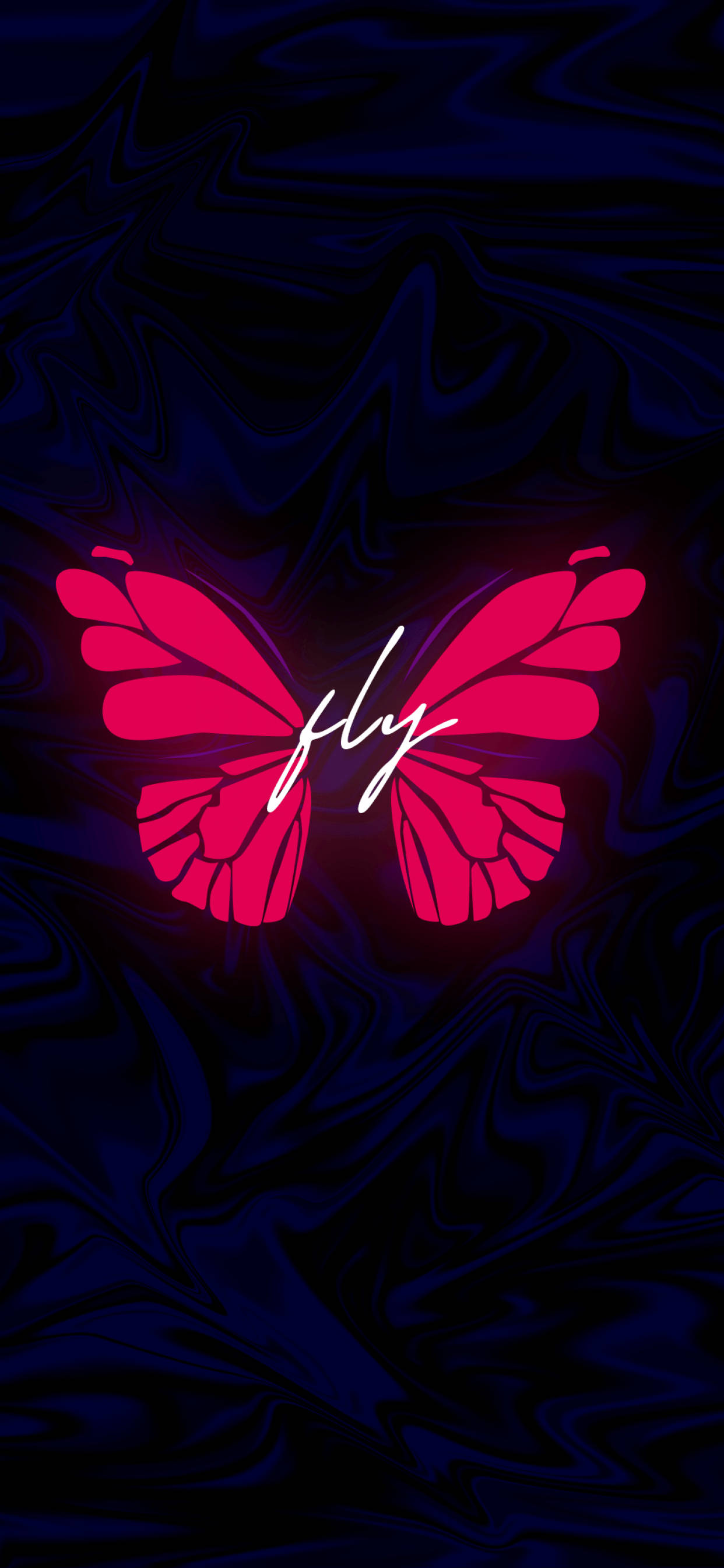 flying butterfly 桌布 壁紙 — 一隻發光的粉紅色蝴蝶，帶有白色草書字體的「fly」字樣，停留在深藍色大理石紋背景上。