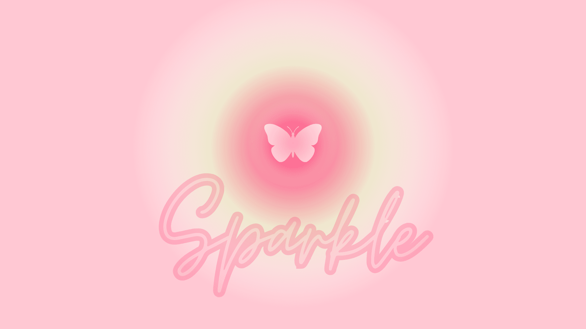 美學 桌布 壁紙 — 一隻發光的粉紅色蝴蝶在草書字體「Sparkle」上方盤旋，背景為柔和的漸變粉紅色。