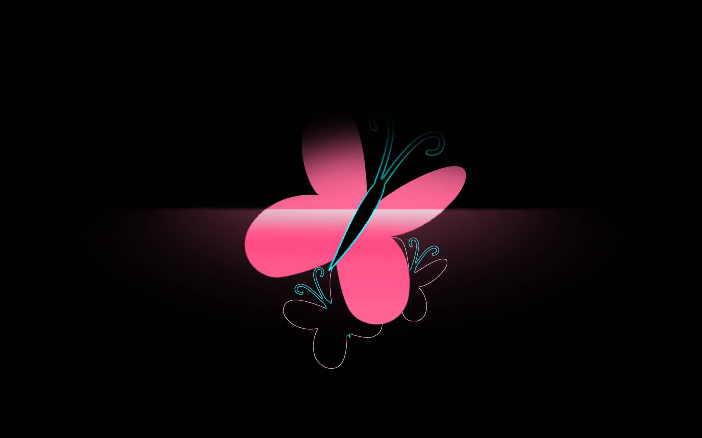 Butterflies 桌布 壁紙 — 一隻發光的粉紅色蝴蝶帶有藍綠色輪廓，漂浮在帶有微妙水平光線條紋的黑色背景上。