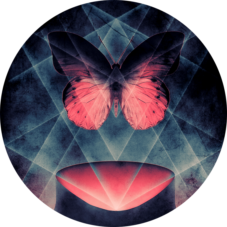Surreal Art 桌布 壁紙 — 一隻發光的粉紅色蝴蝶從一個發光的紅色球體中出現，背景是深藍色幾何網格。