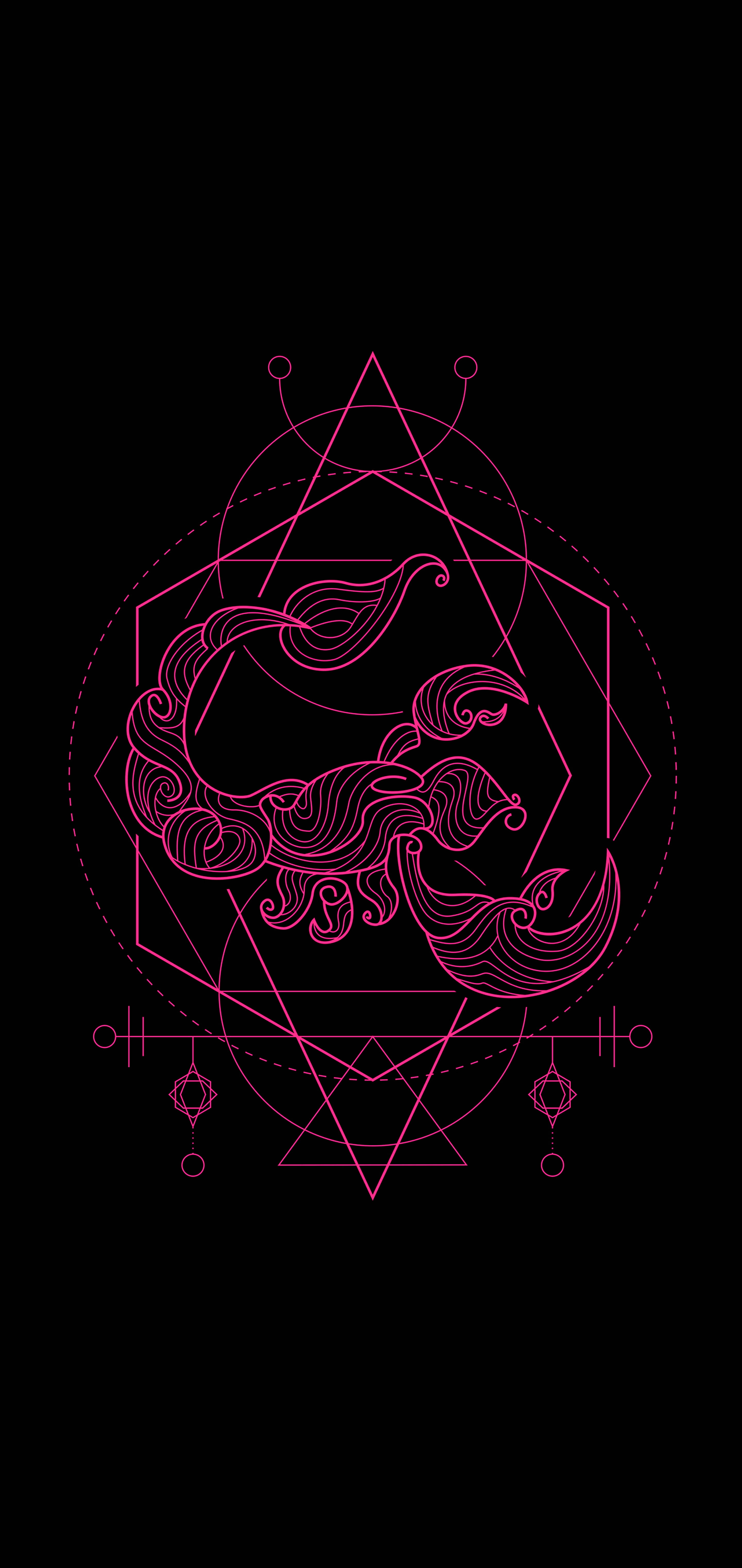 Scorpio 桌布 壁紙 — 一隻發光的粉紅色蠍子，以複雜的幾何形狀勾勒出輪廓，背景為純黑色。