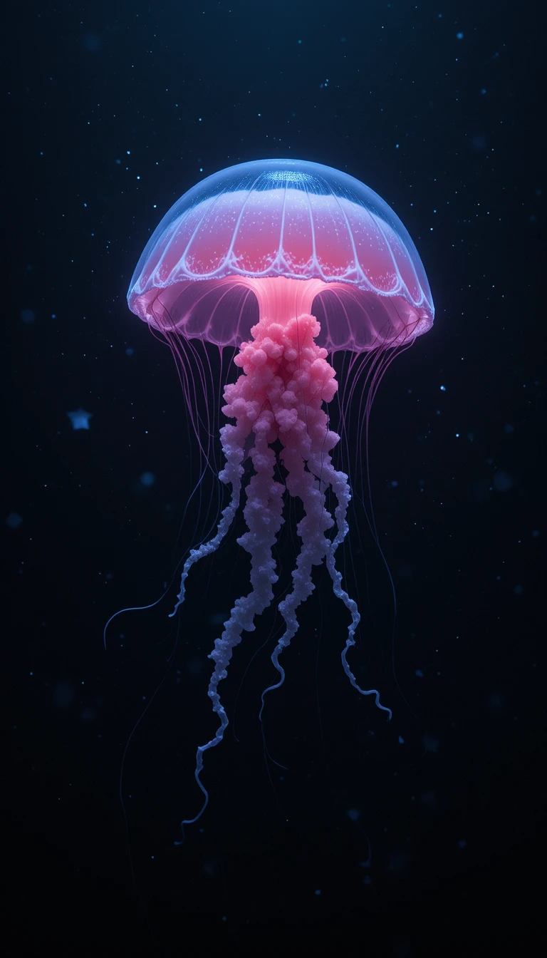 Fish Aesthetic 桌布 壁紙 — 一隻發光的粉藍色水母在繁星點點的黑暗海洋中寧靜地漂浮，帶有精緻的拖曳觸手。