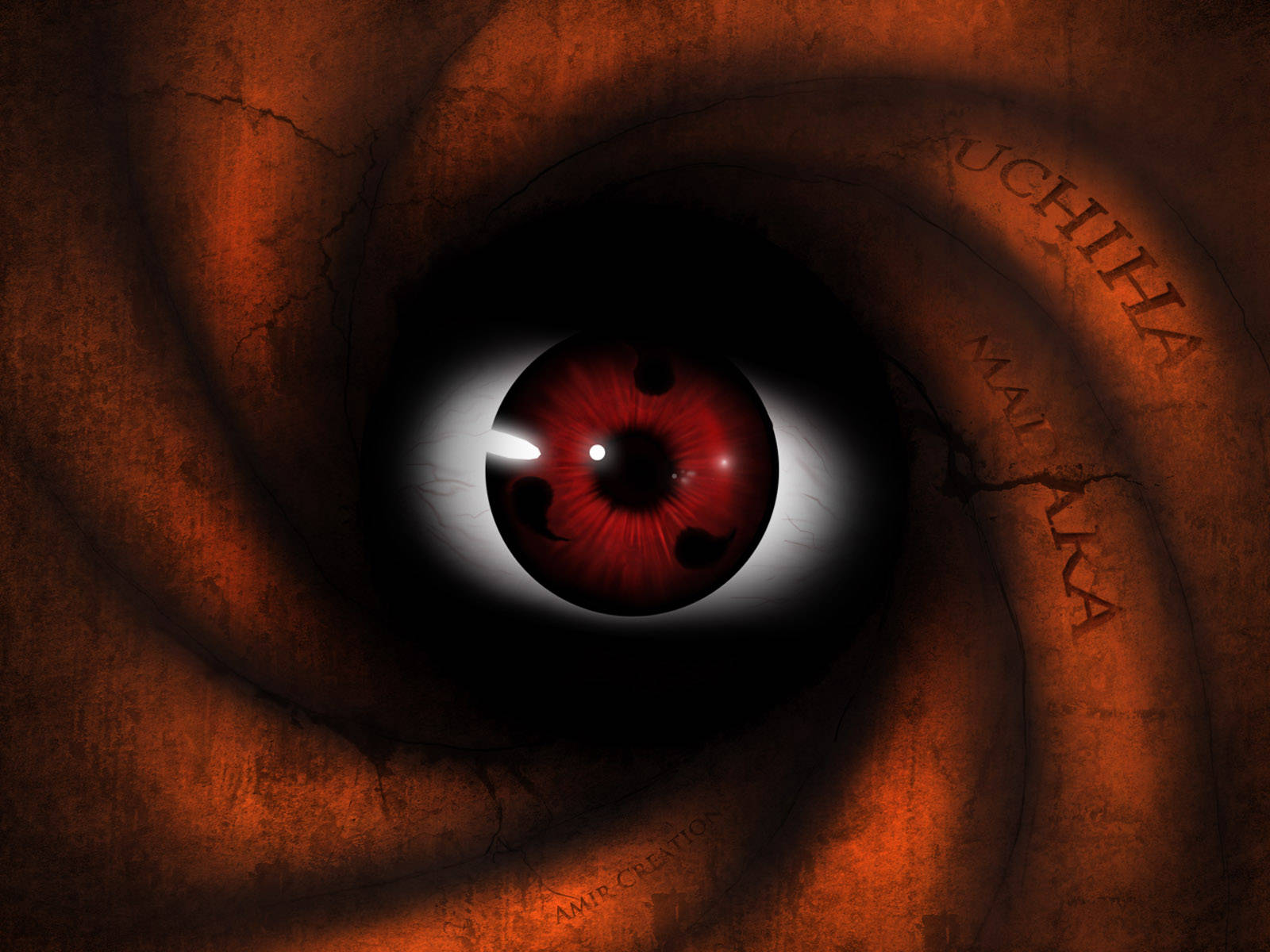 Obito Uchiha 桌布 壁紙 — 一隻發光的紅色寫輪眼，帶有黑色巴紋漩渦，從一條破裂的橙色漩渦隧道中凝視。