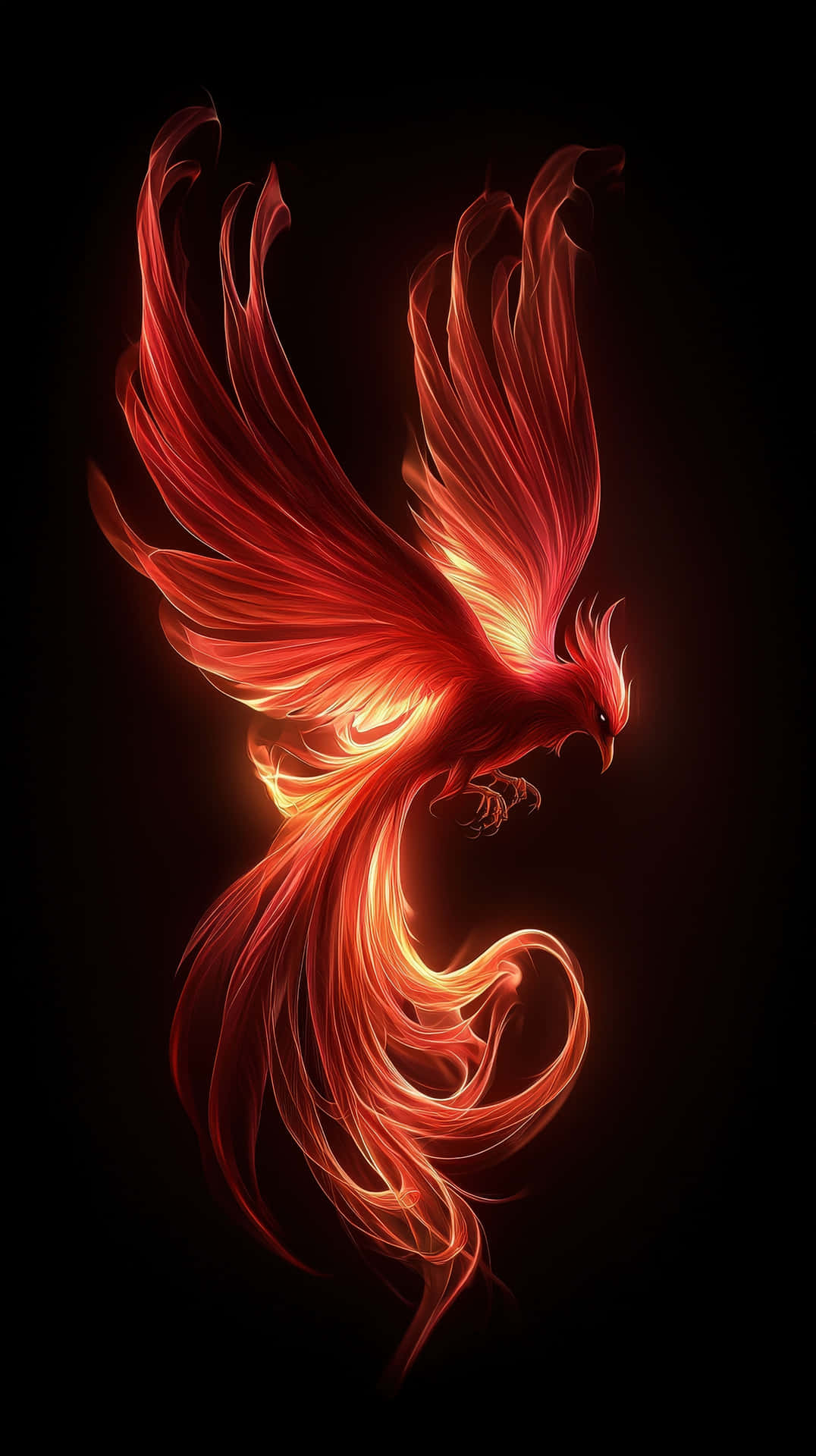 Glowing phoenix with fiery wings ablaze, symbolizing rebirth and resilience. 壁紙 — 一隻發光的紅色鳳凰，帶有流動的火焰翅膀和尾巴，在漆黑的背景上發光。
