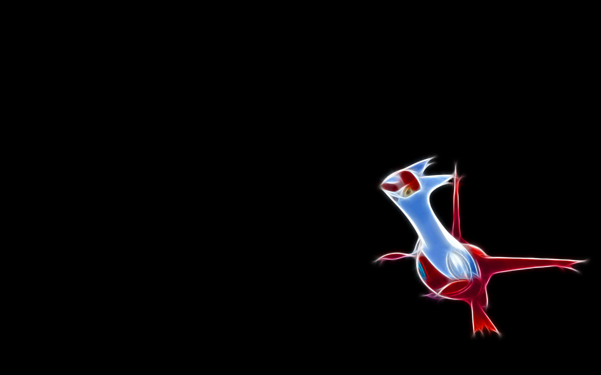 Pokemon Aesthetic 桌布 壁紙 — 一隻發光的紅藍鳥類寶可夢在純黑背景上閃耀，帶有銳利的霓虹輪廓。